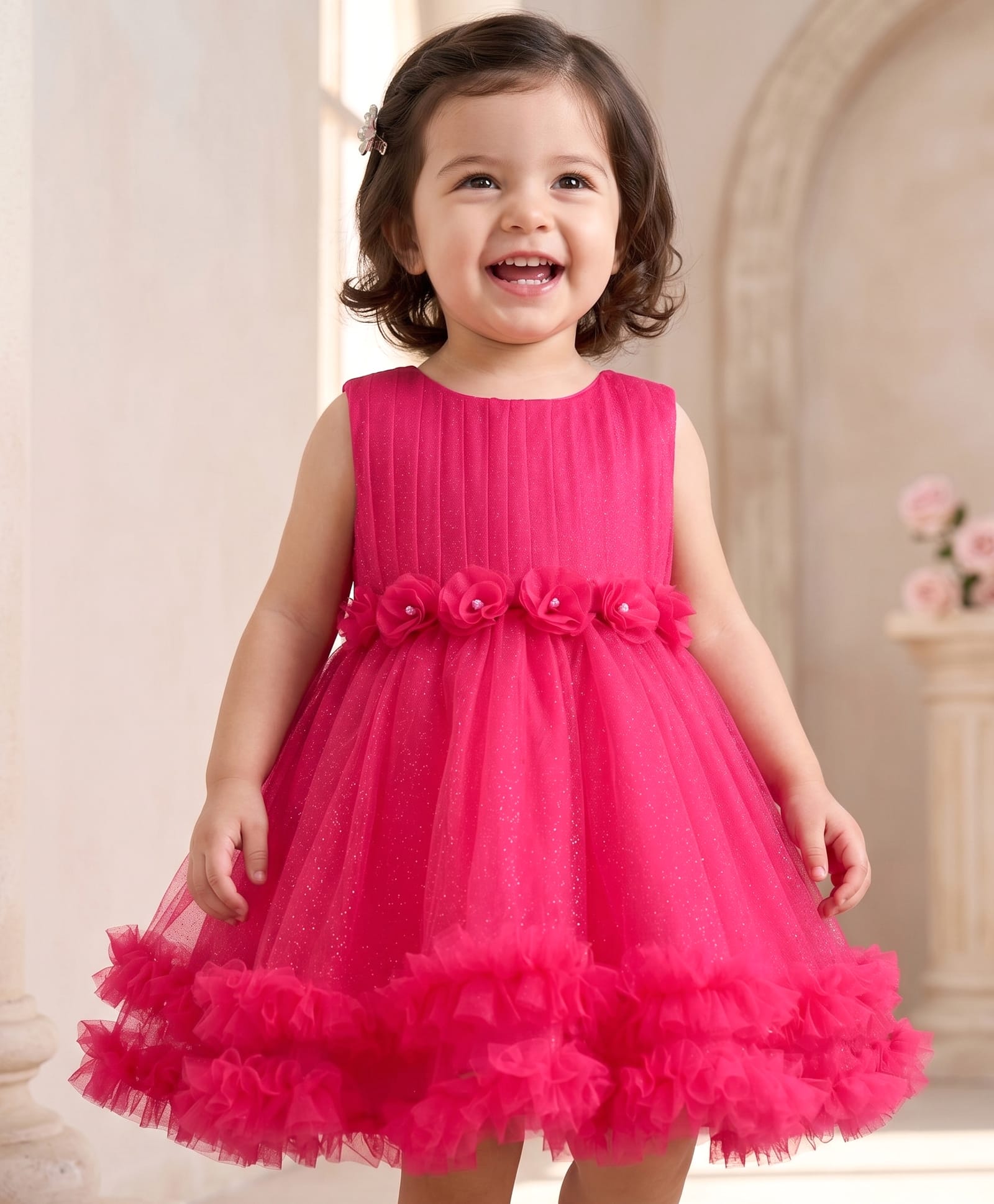 Babyhug Mesh Woven Sleeveless Party Dress With Floral Applique & Ruffles - Dark Pink-image-18