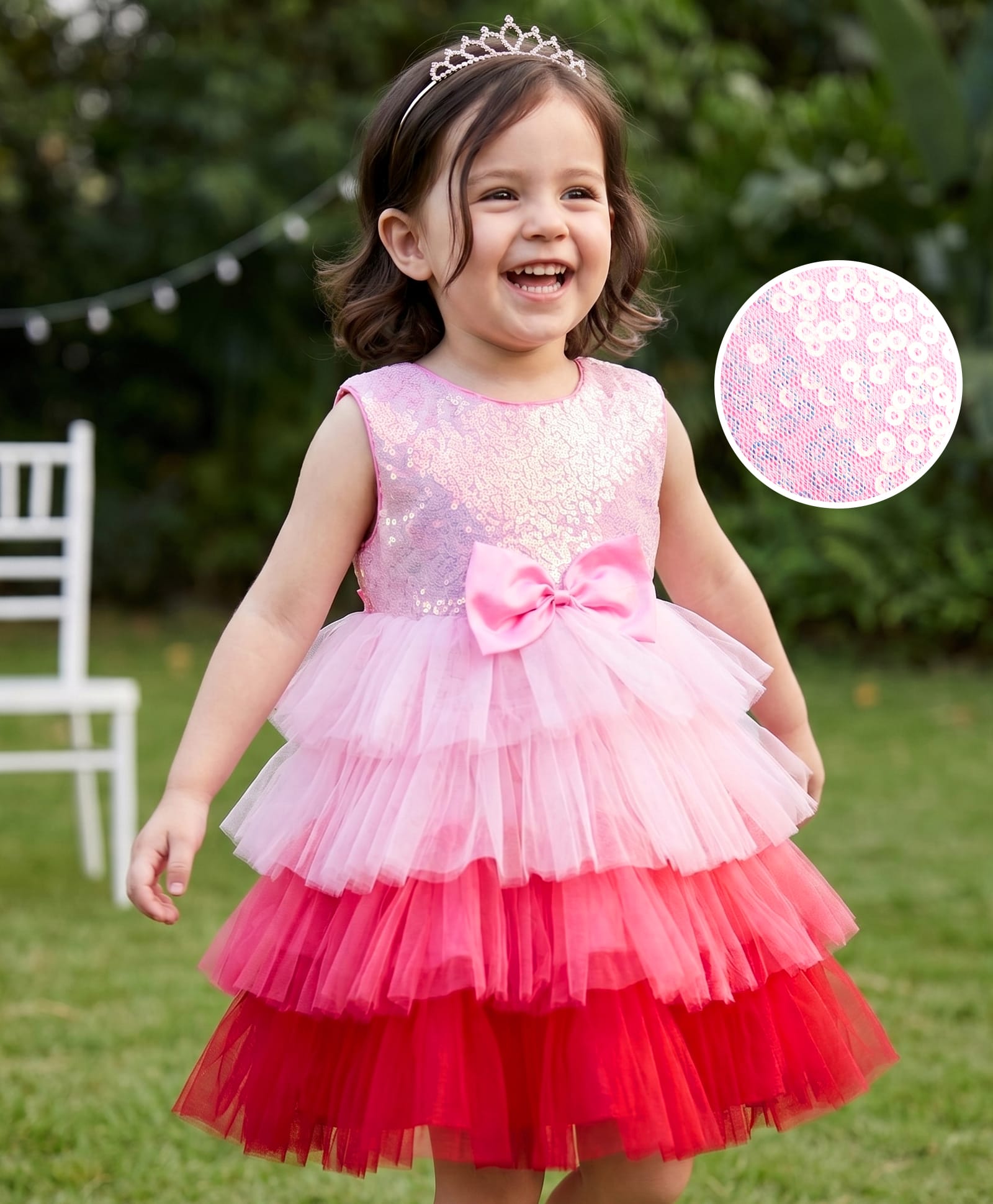 Babyhug Mesh Woven Sleeveless Party Dress With Sequin & Bow Applique - Pink-picture-19