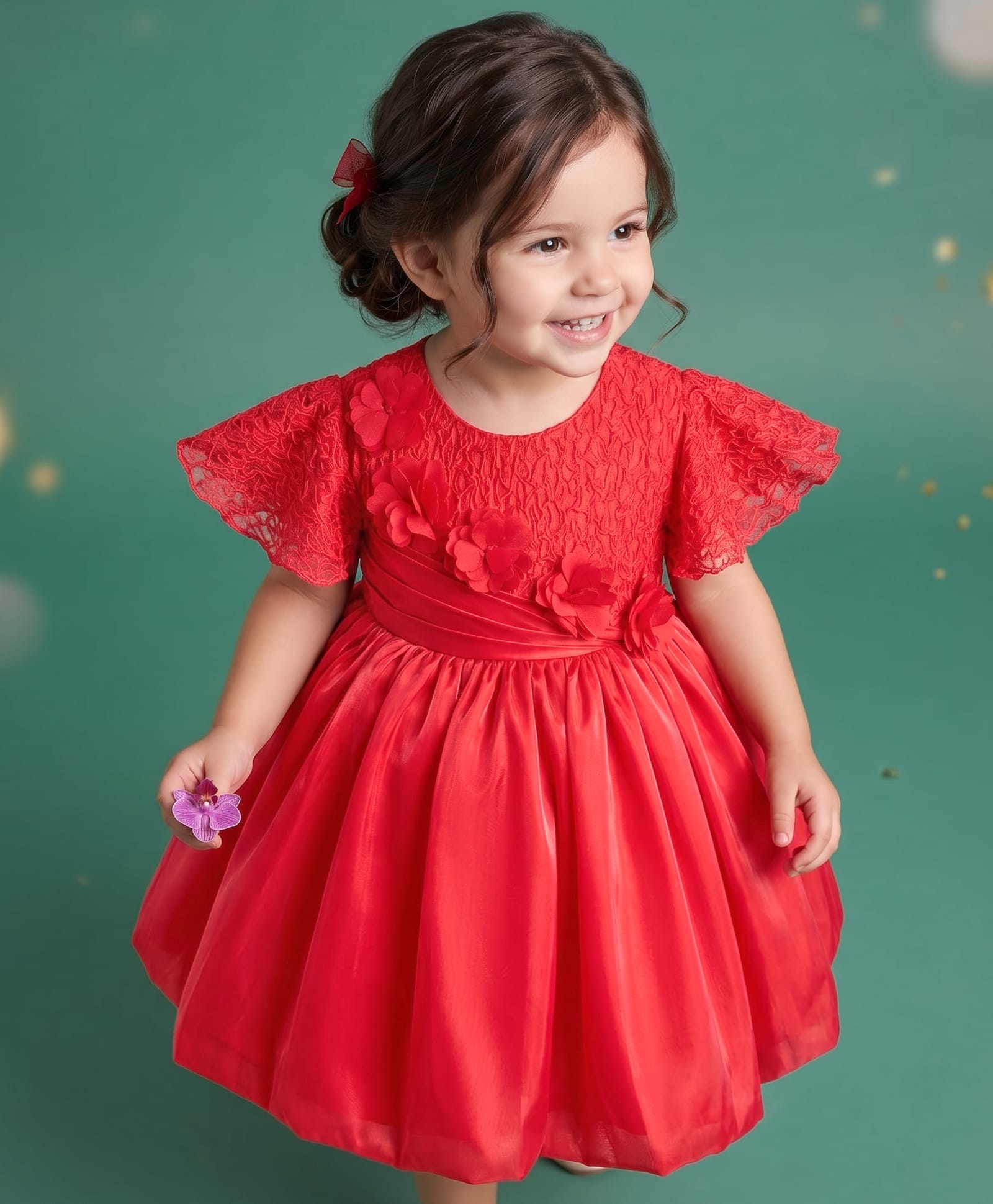 Babyhug Satin Woven Half Sleeves Textured Solid Colour Party Dress with Floral Corsage -Red-image-31
