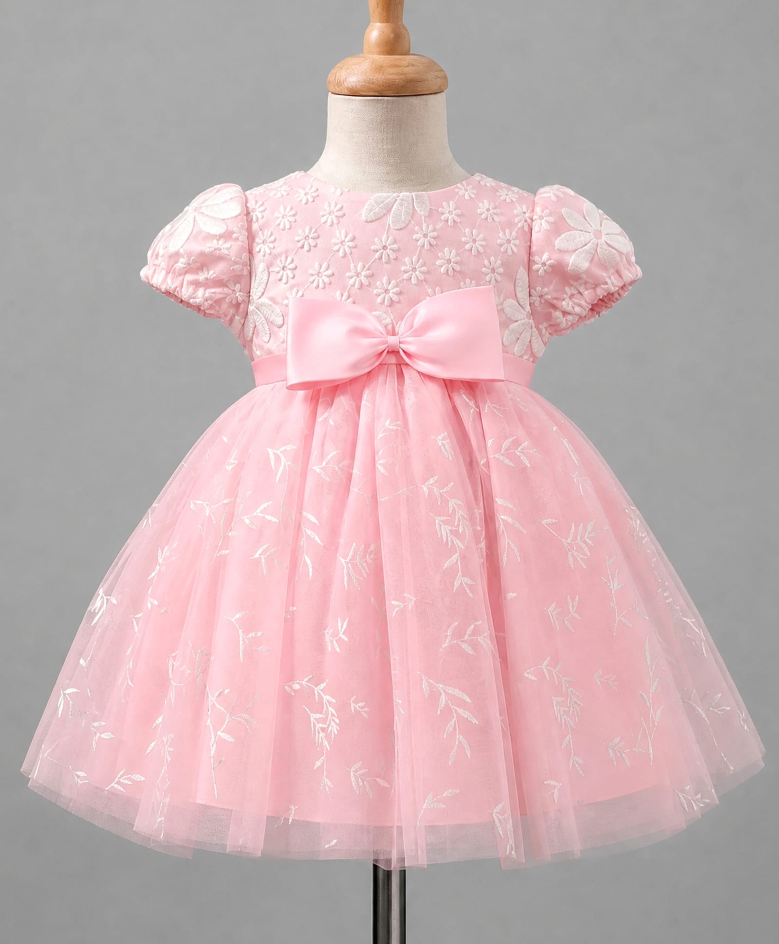 Babyhug Mesh Woven Half Sleeves Party Dress and Gown With Floral Embroidery & Bow Applique - Pink-image-4