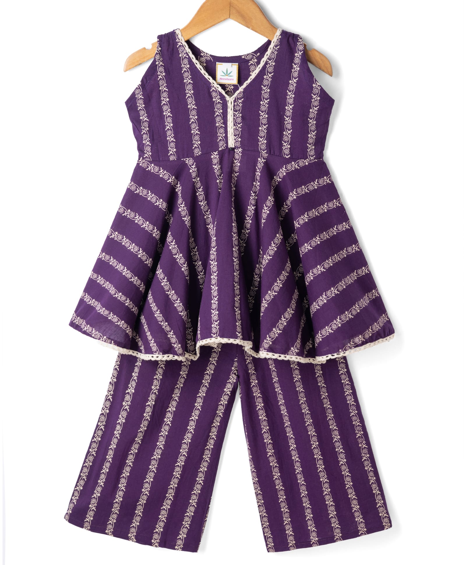 Teentaare Cotton Woven Sleeveless Kurti & Salwar Set with Floral Print - Purple-picture-14
