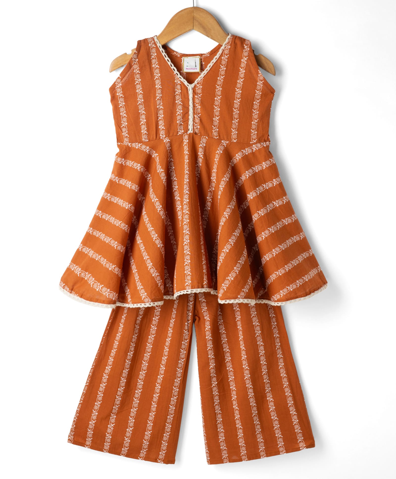 Teentaare Cotton Woven Sleeveless Kurti & Salwar Set with Floral Print - Rust Orange-image-4