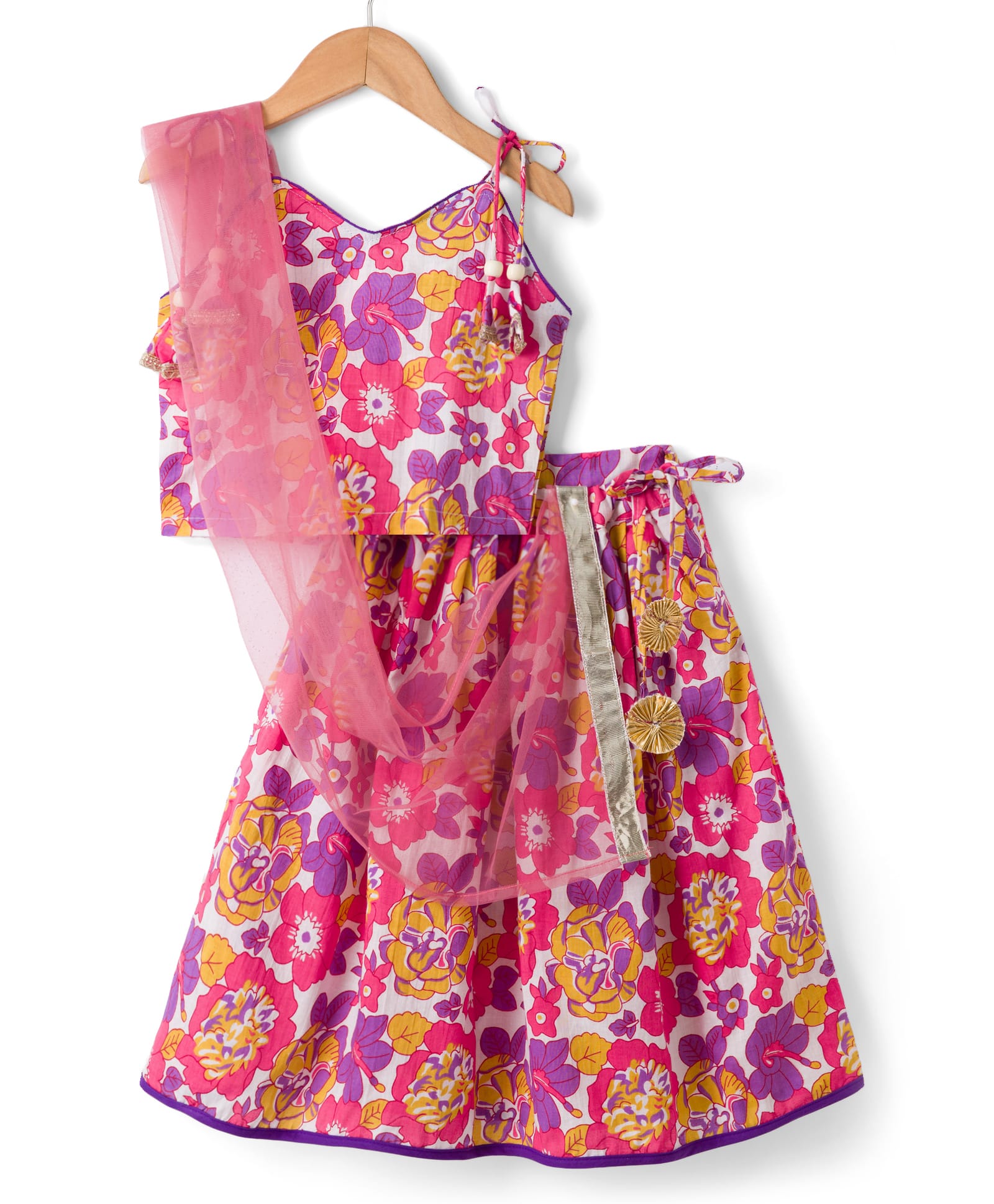 Teentaare Cotton Woven Sleeveless Choli With Lehenga & Dupatta Floral Print - Pink-image-16