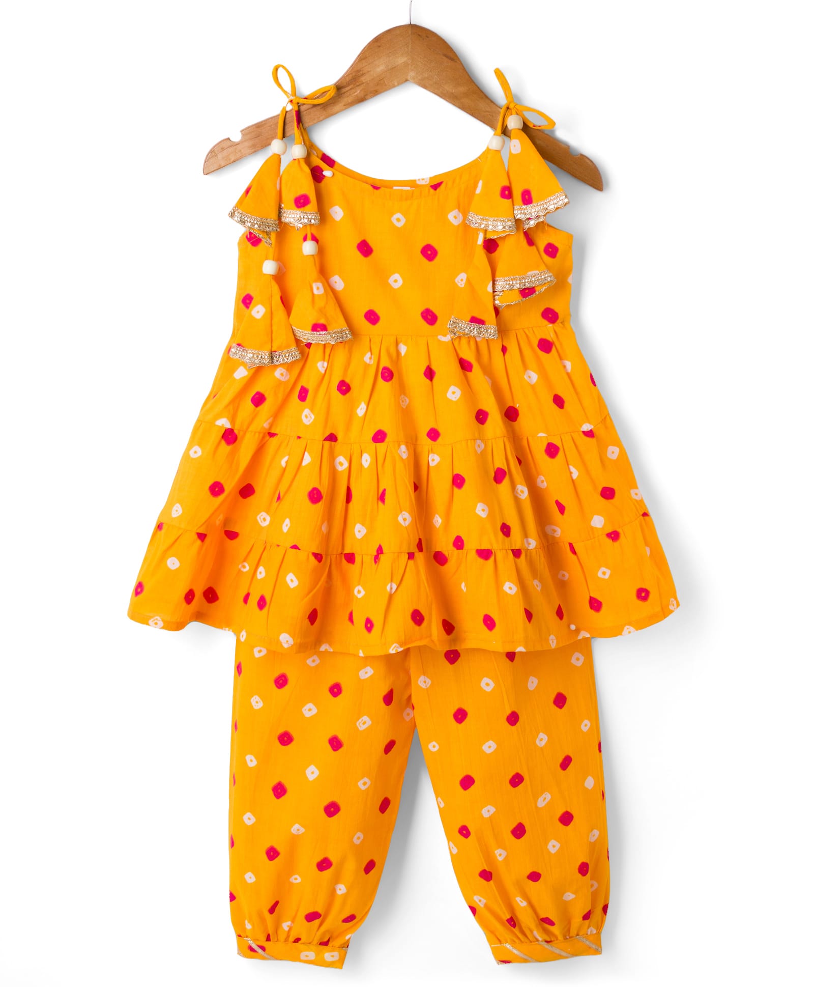 Teentaare Cotton Woven Sleeveless Bandhani Printed Co-Ords Kurti & Salwar Set - Mustard-image-24