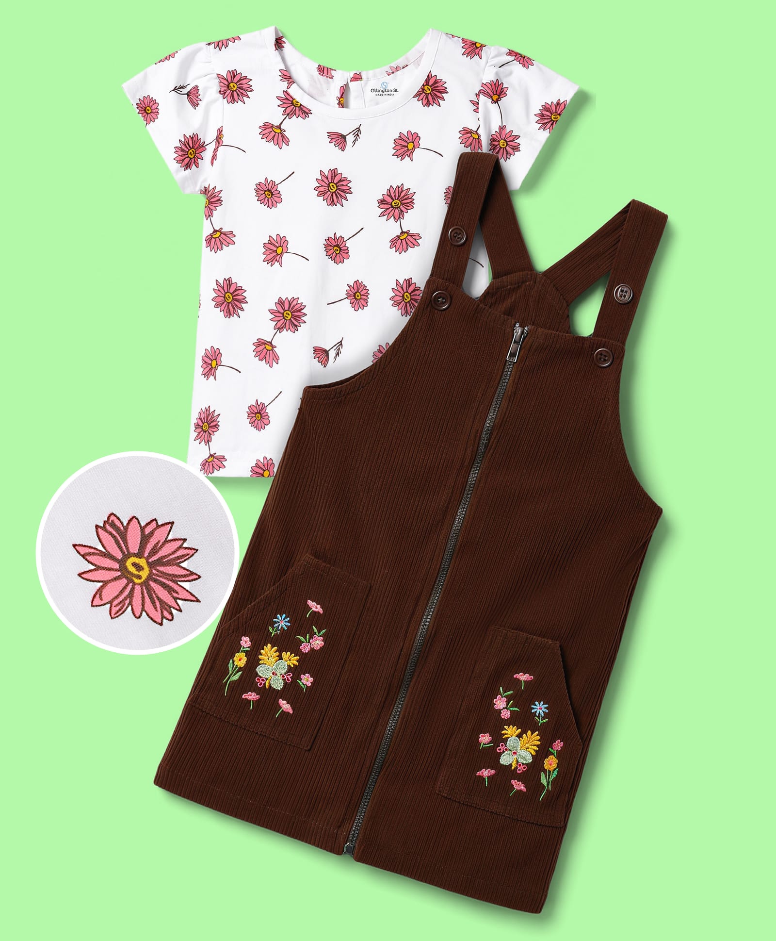 OLLINGTON ST. Corduroy Woven Knit Half Sleeves Floral Printed T-shirt With Embroidered Frock - Maroon-image-17