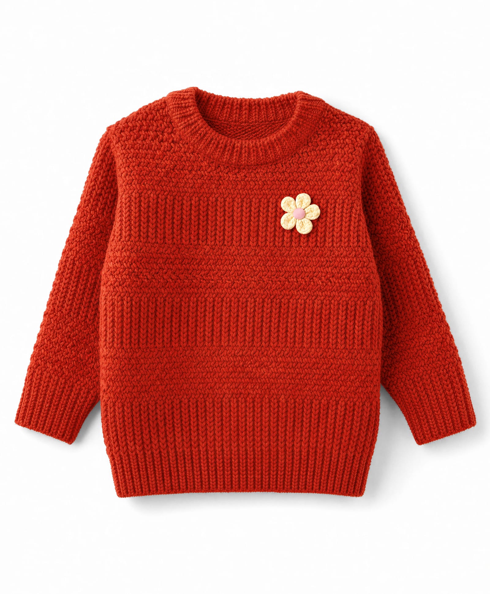 Babyhug Knit Full Sleeves Solid Cable Knit Design Pullovers With Floral Applique - Rust Orange-image-39
