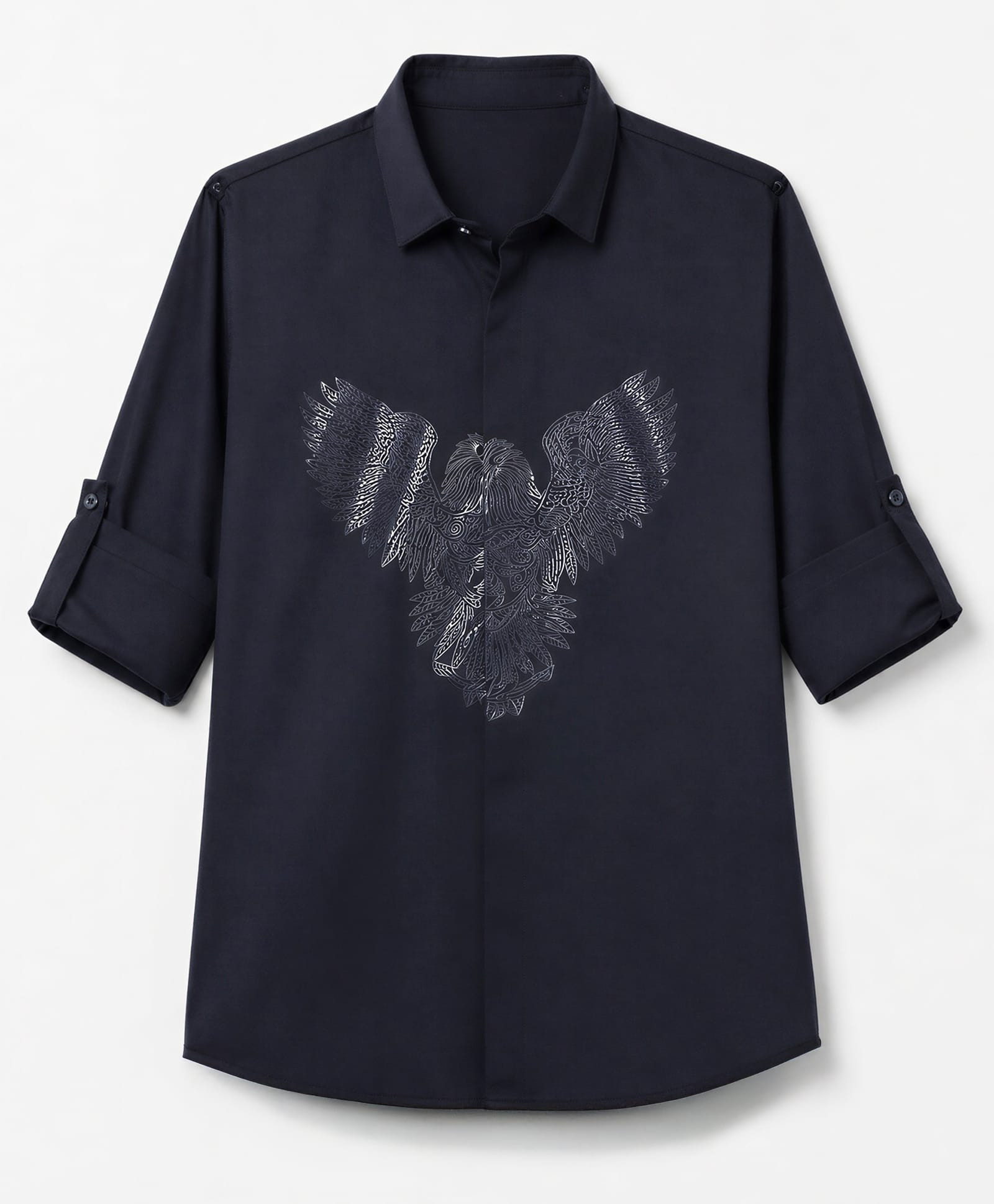 Dapper Dudes Cotton Woven Full Sleeves Shirt With Eagle Foil Print - Navy Blue-image-2