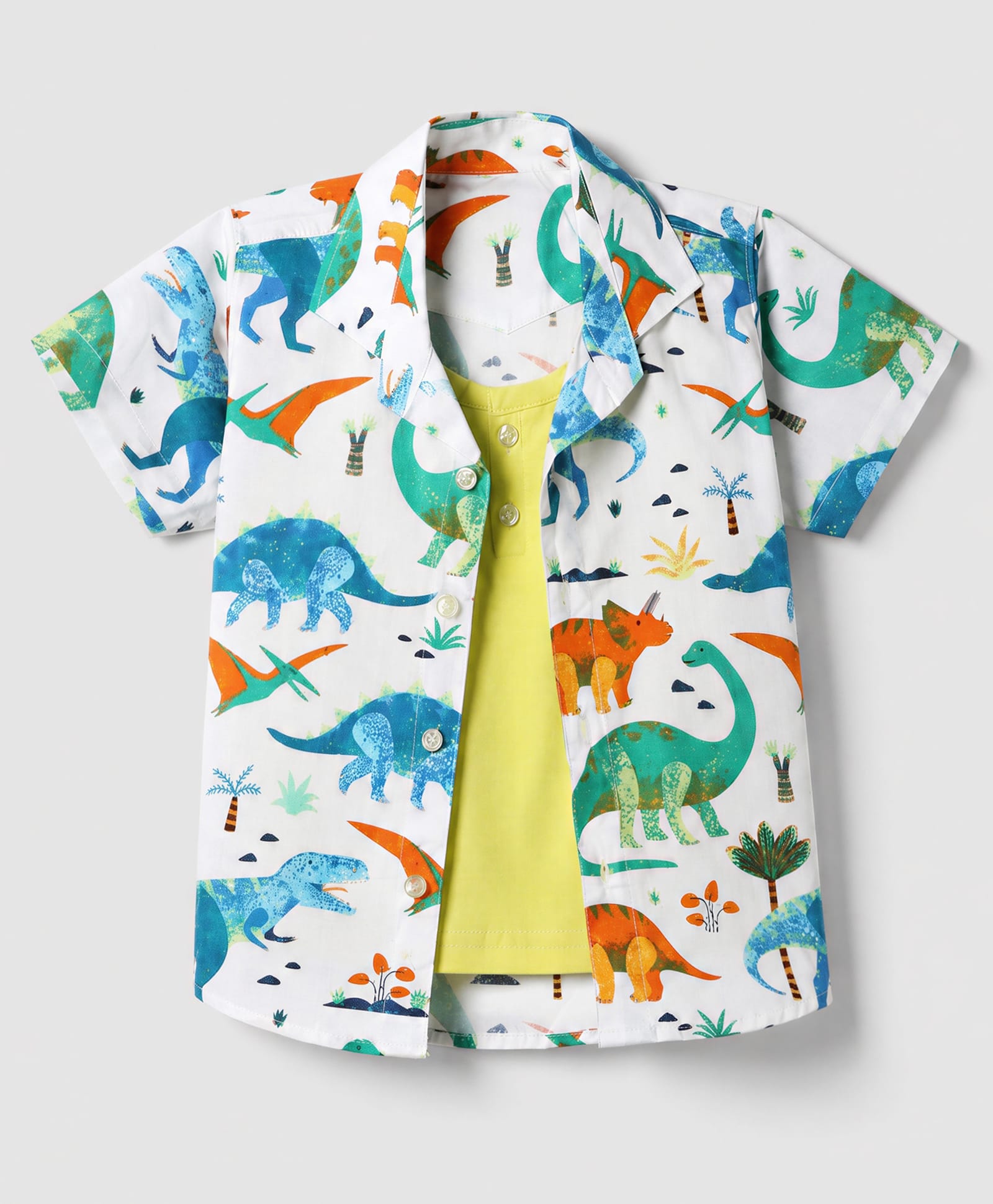 Dapper Dudes Woven Half Sleeves Twofer Shirt with Dinosaur Print - Yellow & White-picture-19