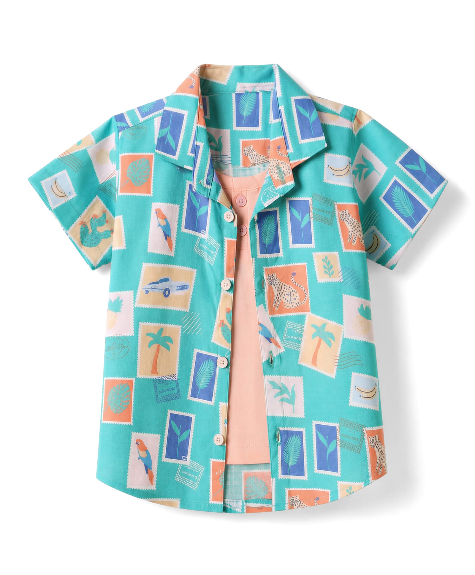 Dapper Dudes Cotton Blend Woven Half Sleeves Shirts with T-Shirt and Tropical Stamps Print - Green-image-38
