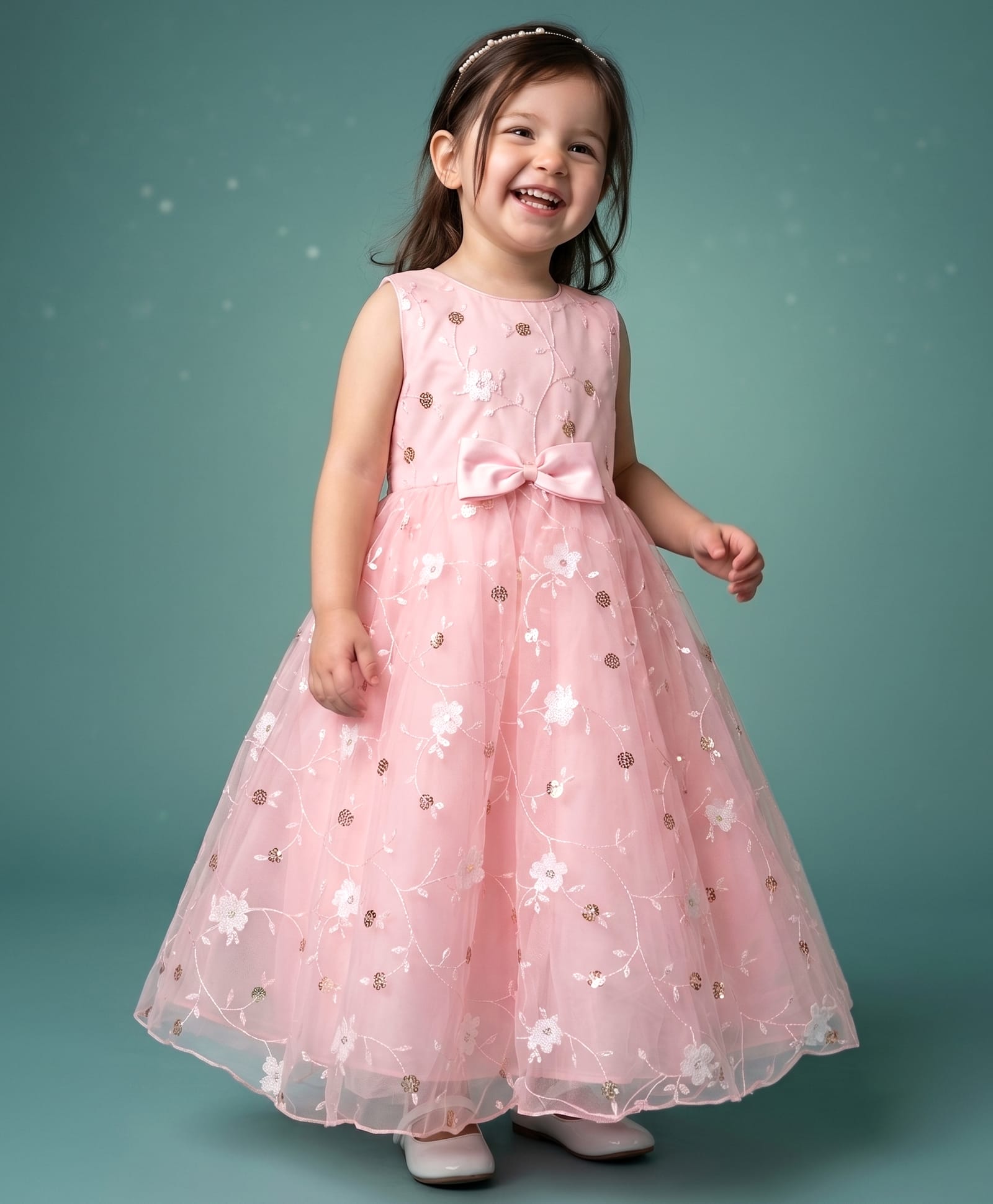 Babyhug Mesh Woven Sleeveless Sequinned Party Dress with Floral Embroidery & Bow Applique - Pink-picture-18