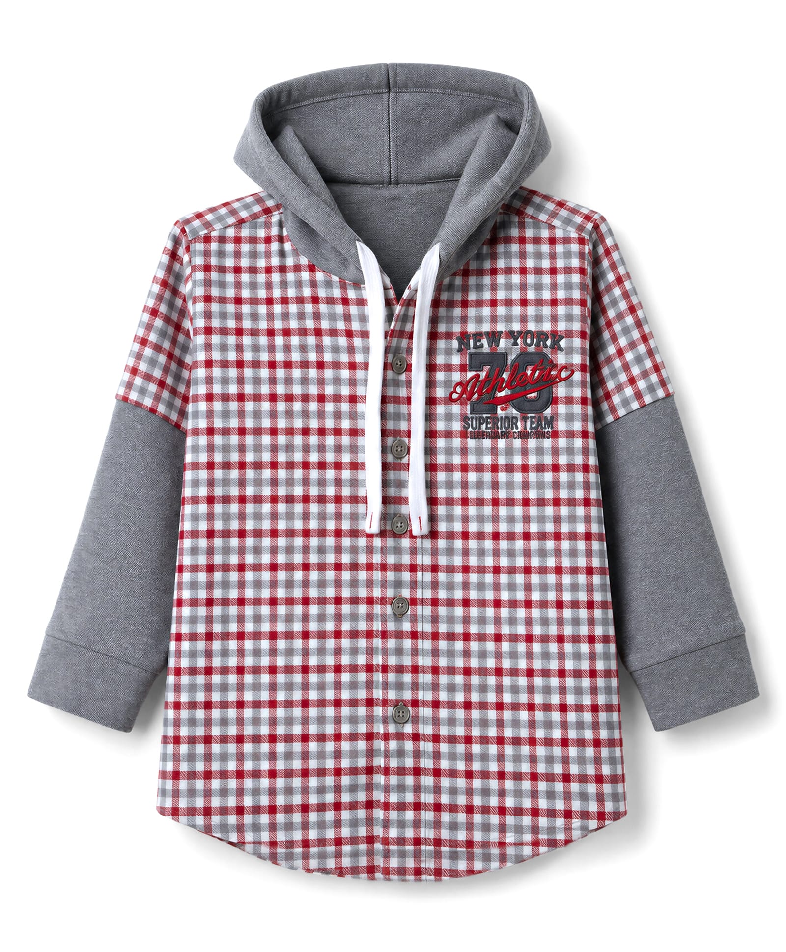 Dapper Dudes Cotton Woven Full Sleeves Checked Hooded Shirt With Text Print - Red, Grey & White-picture-32