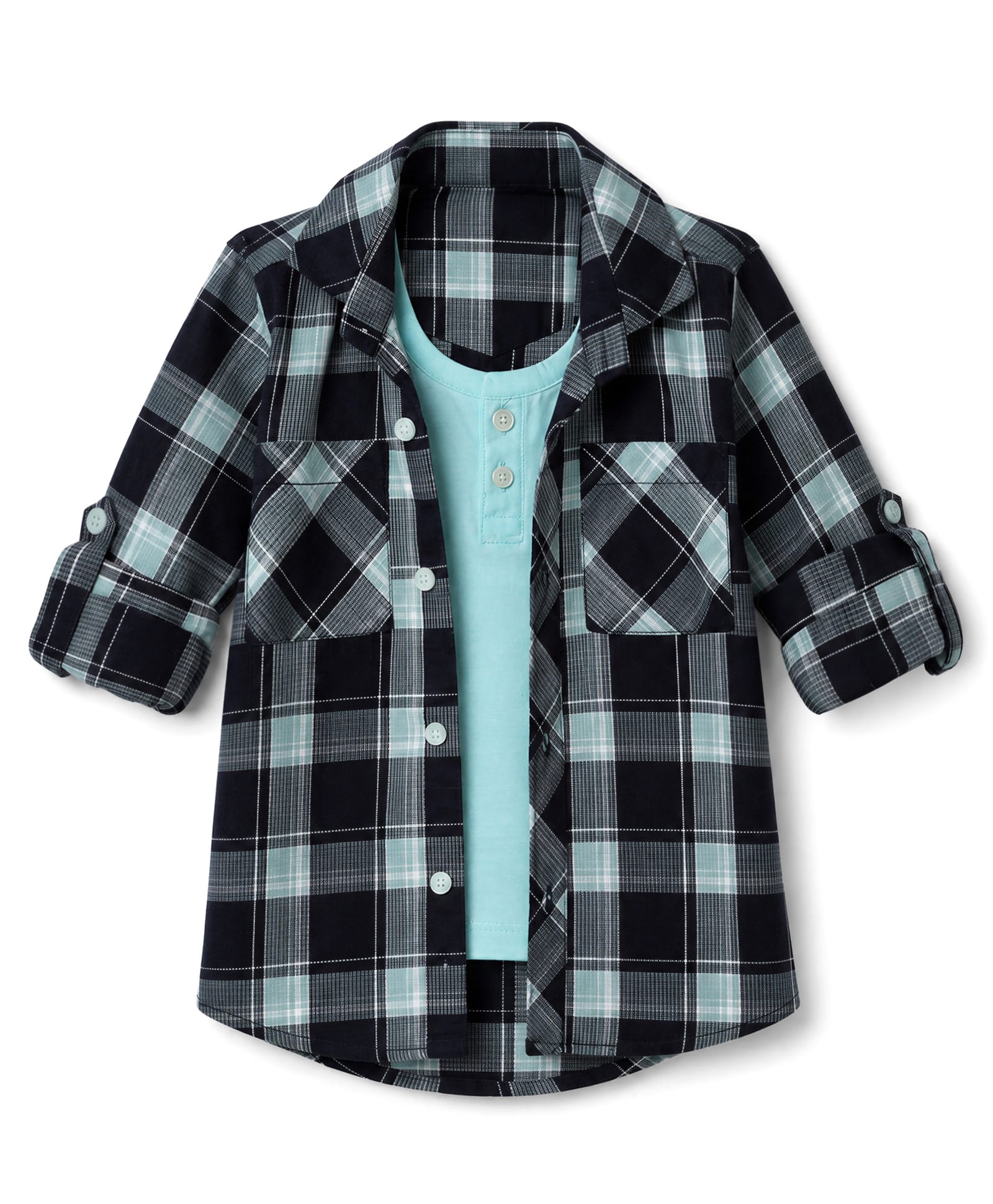 Dapper Dudes Cotton Woven Full Sleeves Checks Shirt With Attached Tee - Black, Light Green & Turquoise-picture-11