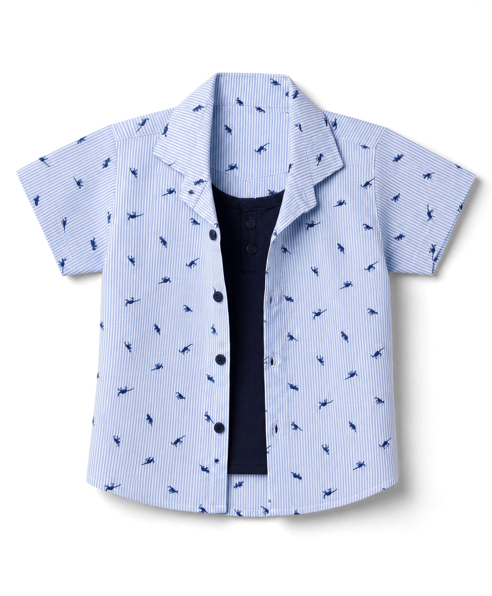 Dapper Dudes Cotton Woven Half Sleeves Dino & Stripes Printed Shirt with Attached Tee - Blue-picture-28