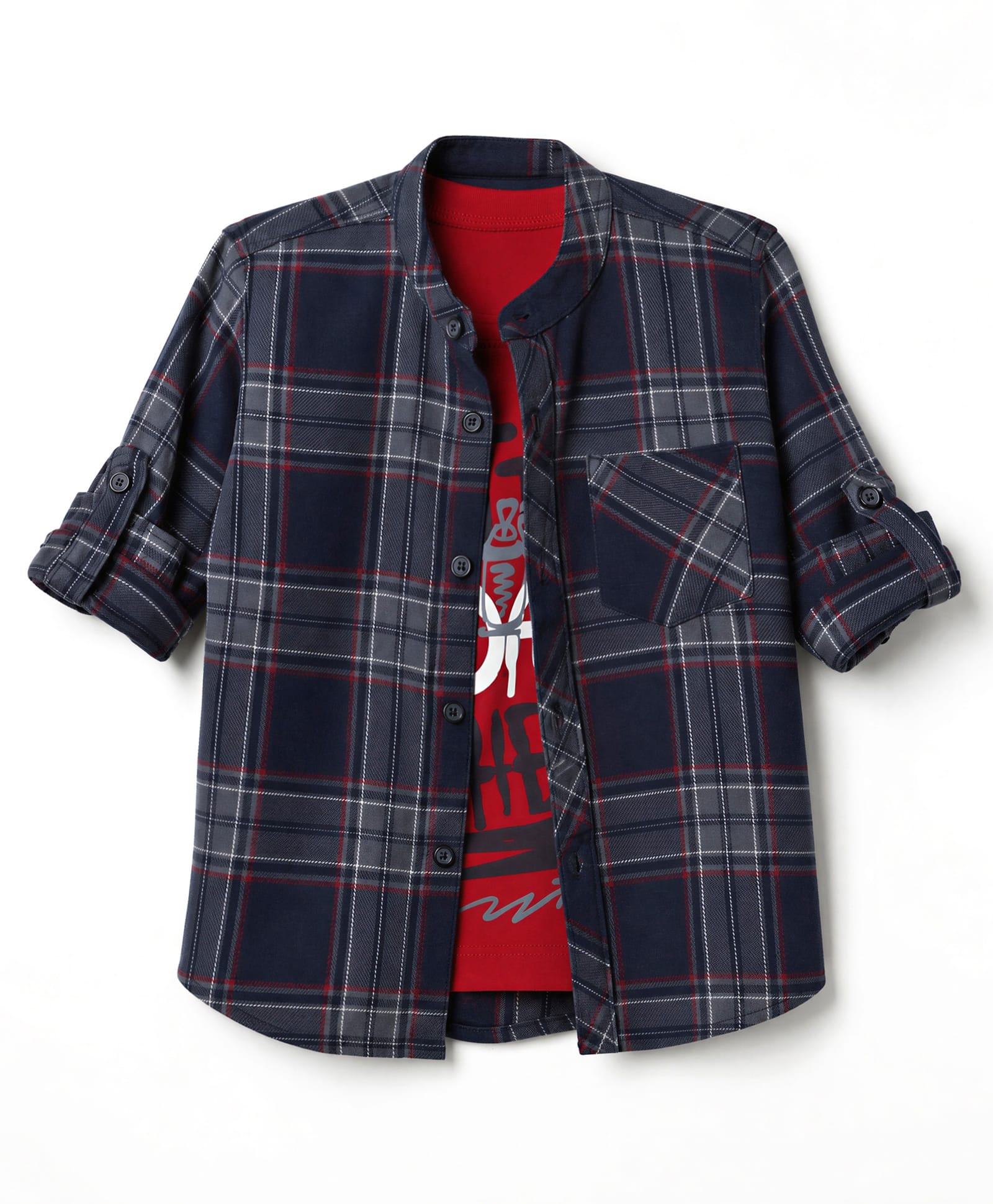 Dapper Dudes Cotton Woven Full Sleeves Checked Shirts With Pocket & Text Printed Tee - Navy Blue & Red-image-29
