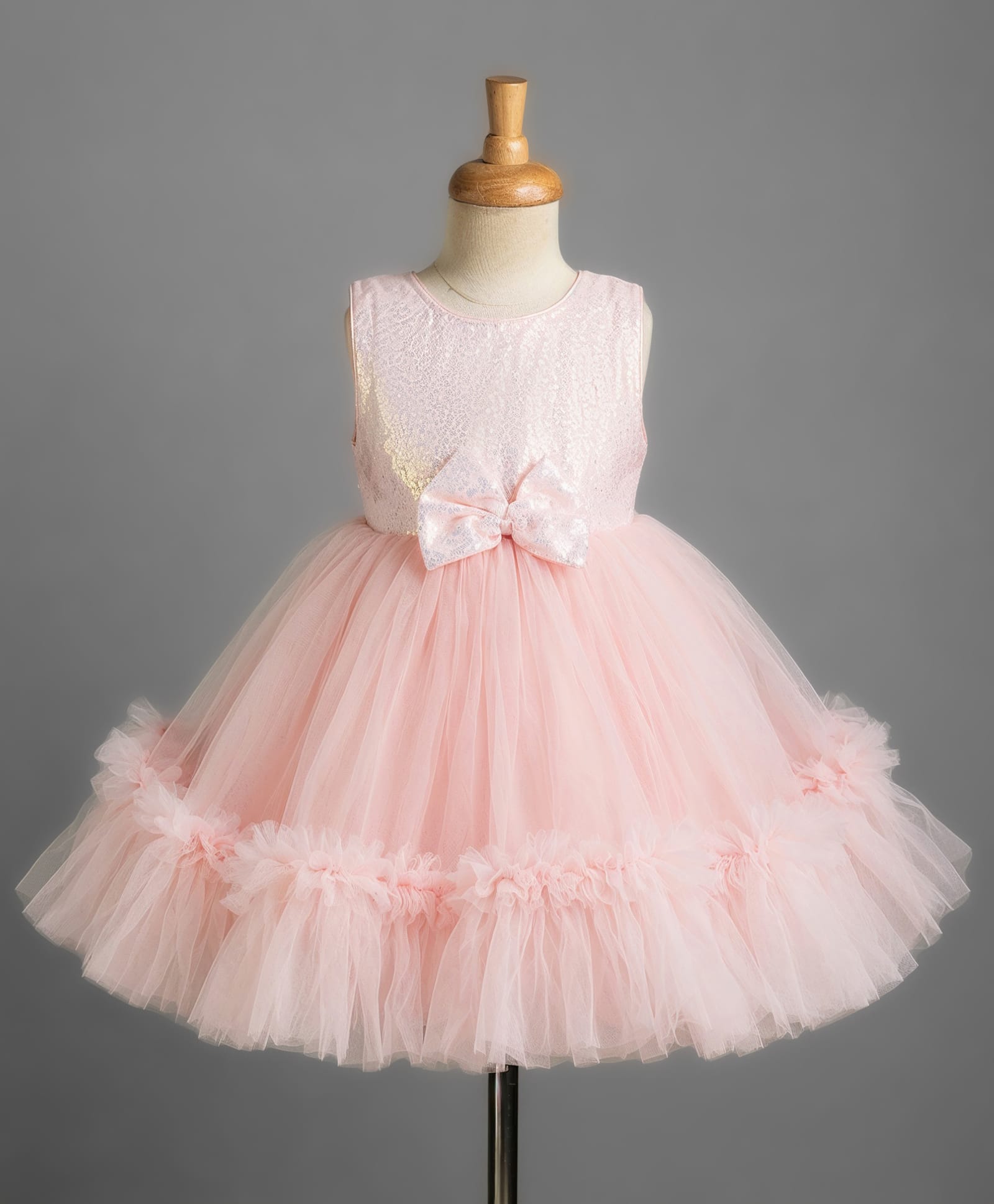 Babyhug Mesh Woven Sleeveless Sequinned Party Dress with Bow Applique & Frills - Pink-picture-27