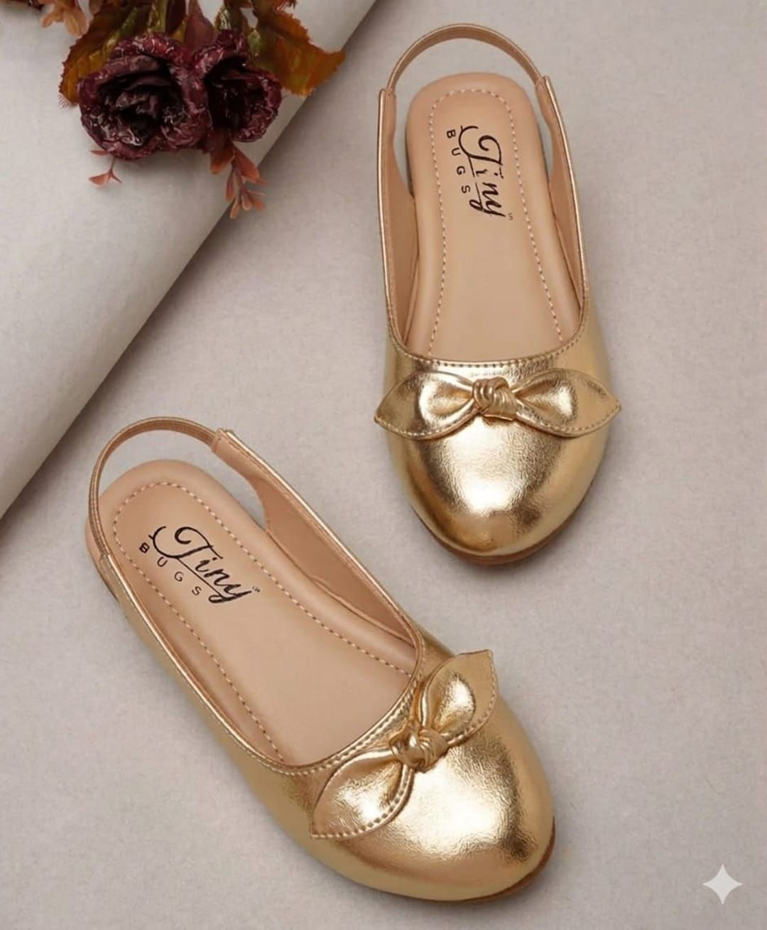 Tiny Bugs Bow Applique Detailed Metallic Ballerinas - Gold-picture-28