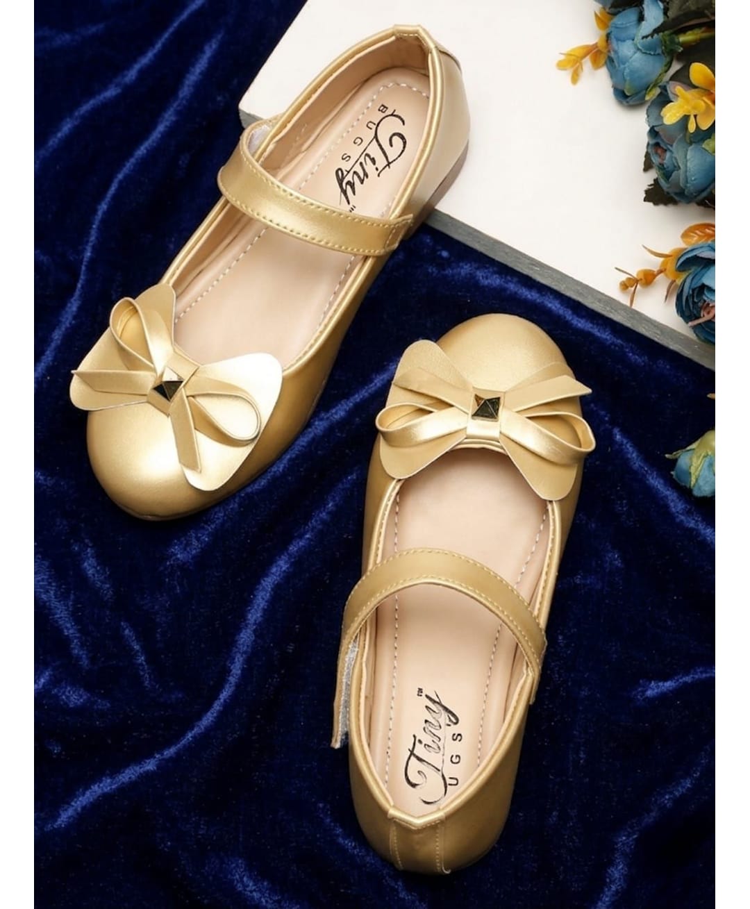 Tiny Bugs Stone Embellished Bow Applique Detailed Velcro Closure Ballerinas - Gold-image-48