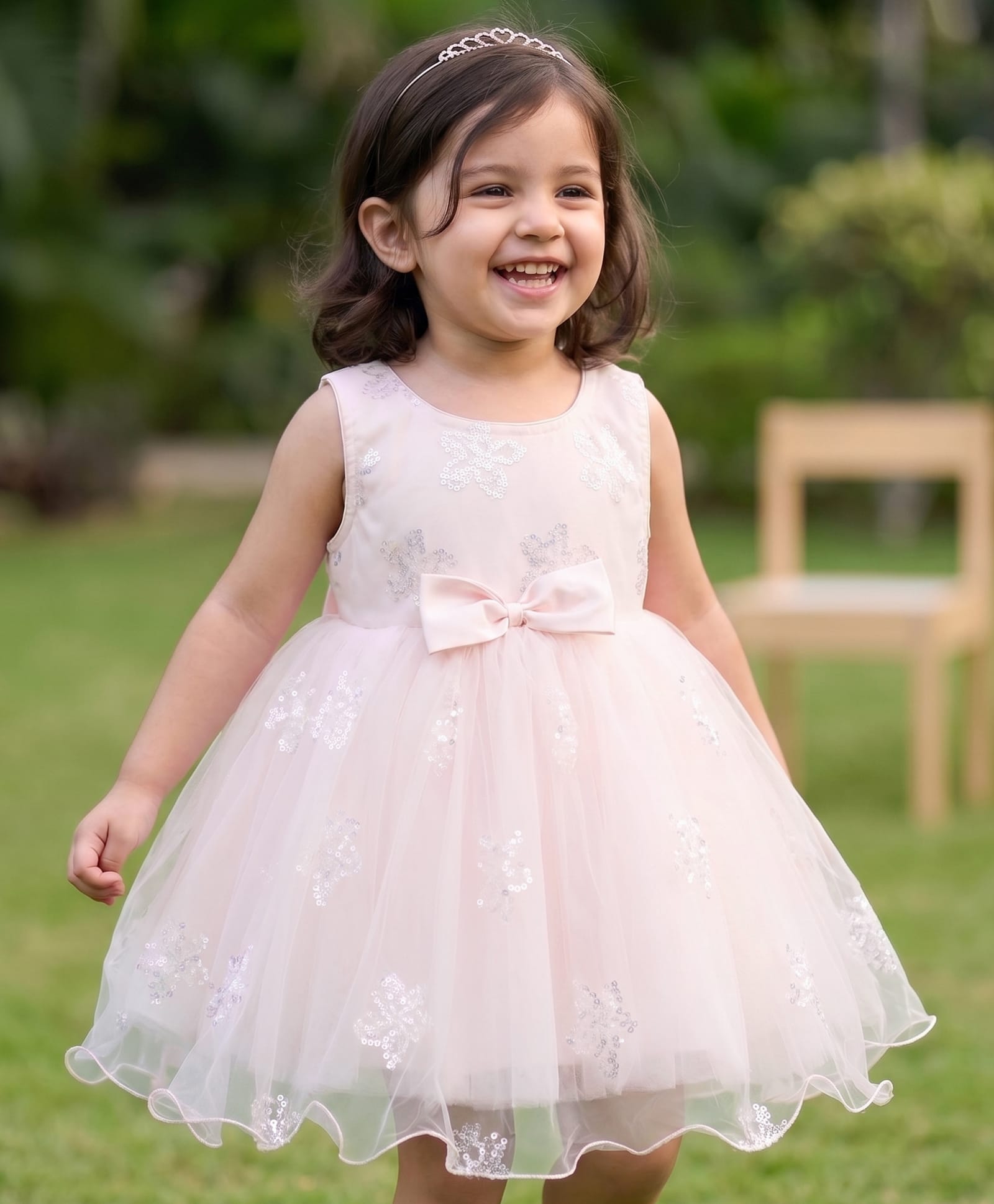 Babyhug Mesh Woven Sleeveless Floral Sequinned Party Dress With Bow Applique - Light Pink-image-14