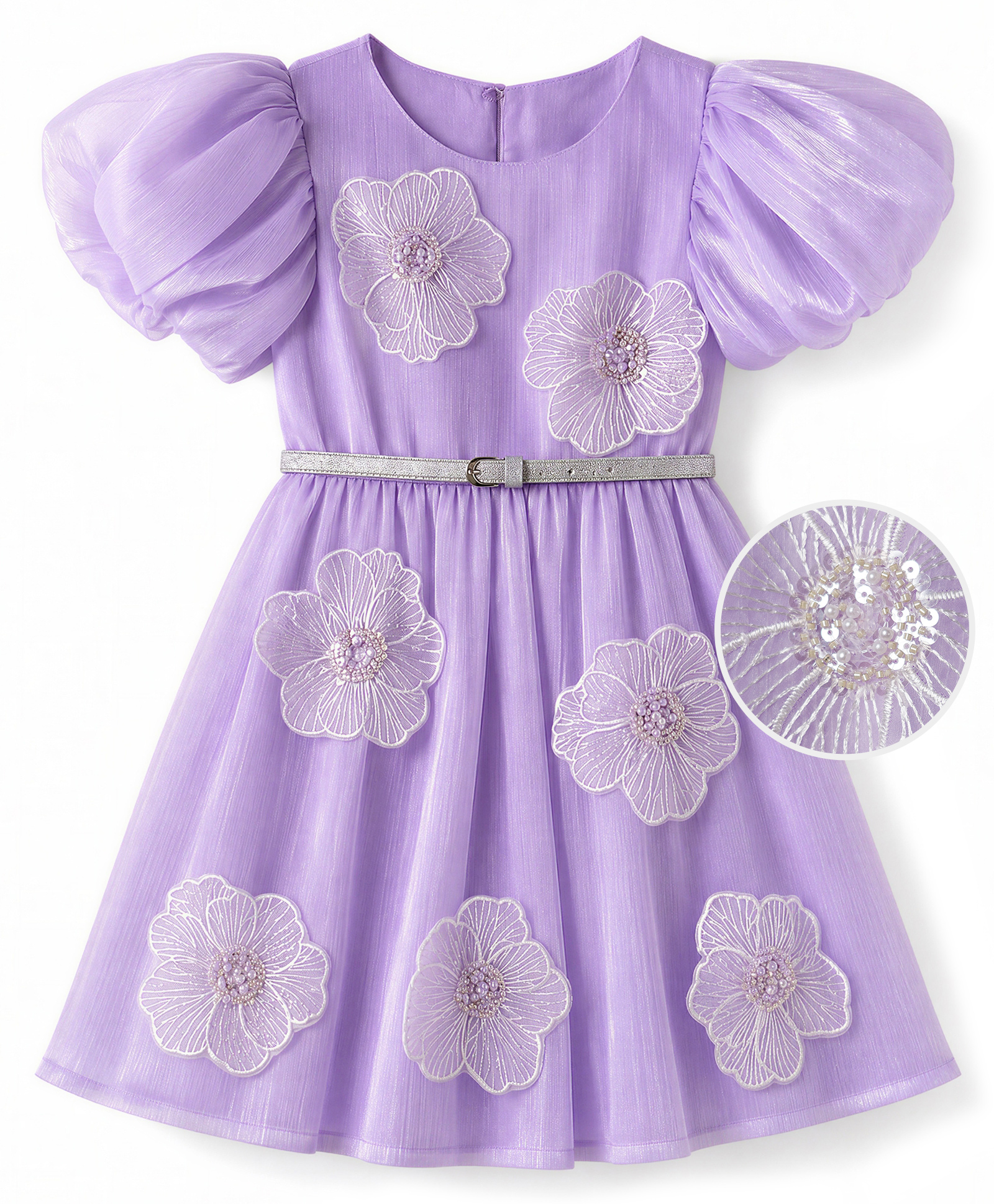 Hola Bonita Soild Woven Balloon Sleeves With Big Flower Applique Party Dress -Lilac-image-8