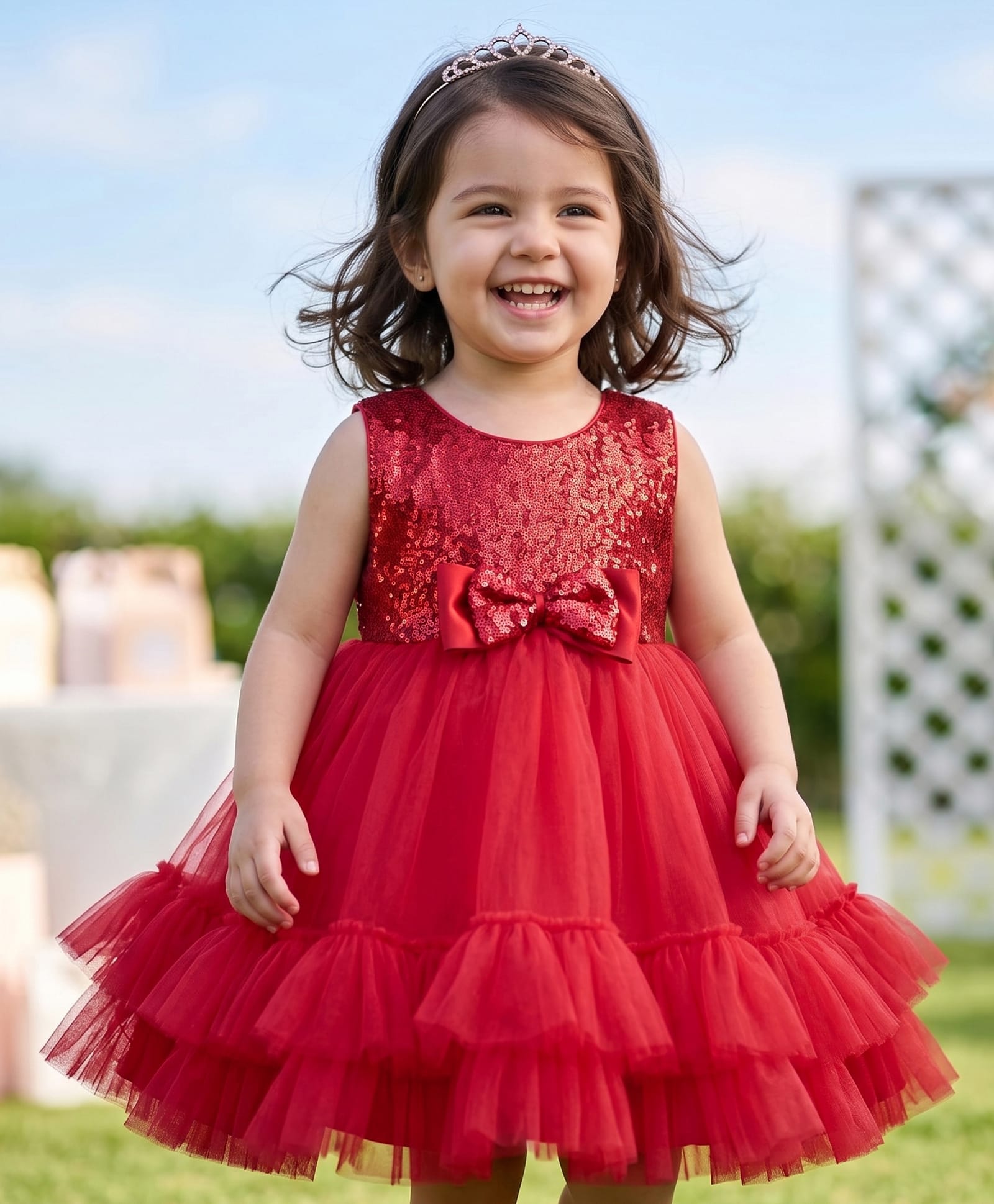 Babyhug Mesh Woven Sleeveless Sequinned Layered Party Dress With Bow Applique & Frills - Maroon-picture-14