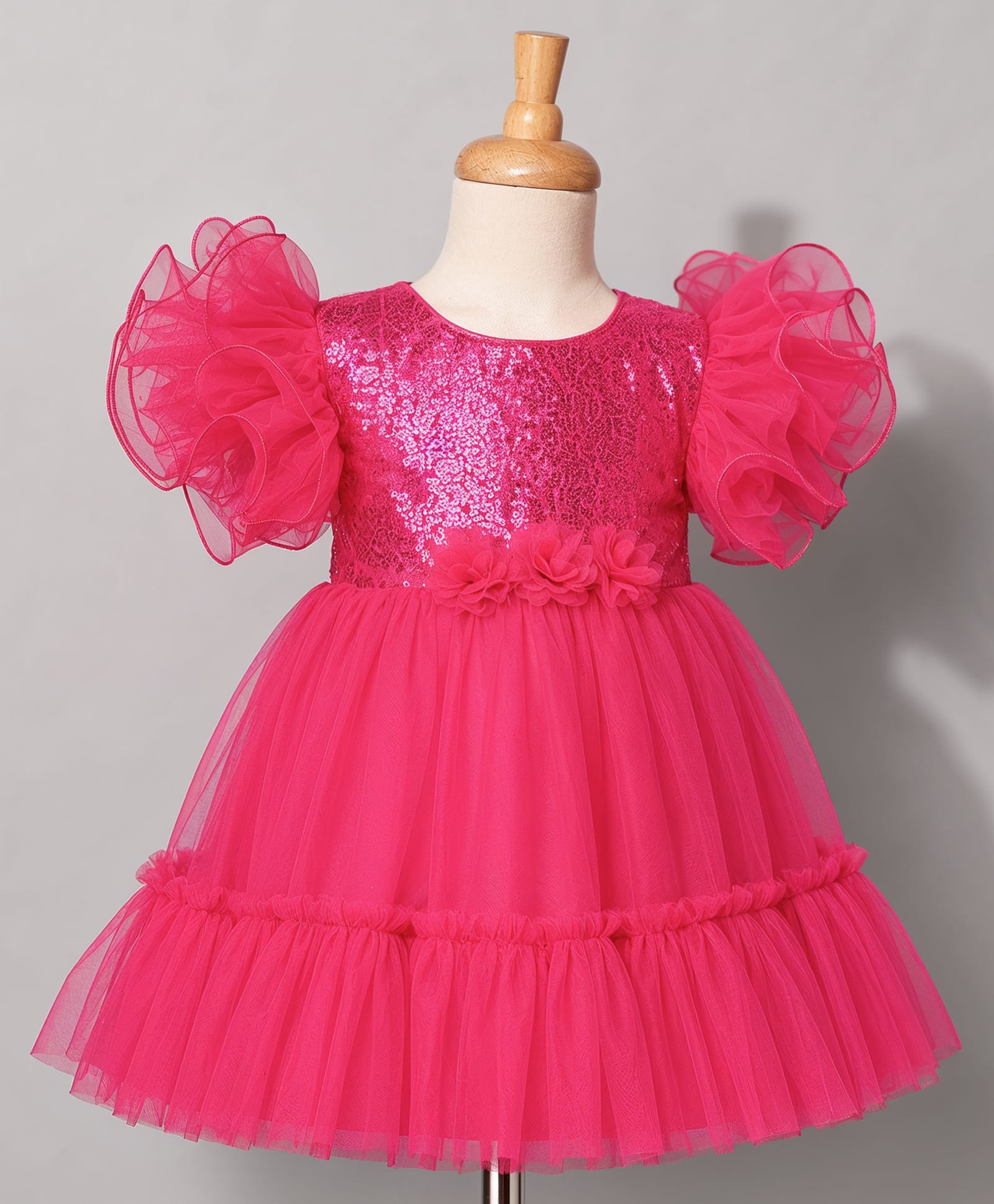 Babyhug Mesh Woven Frill Sleeves Solid Colour Sequinned Party Dress with Floral Applique -Fuchsia-image-24
