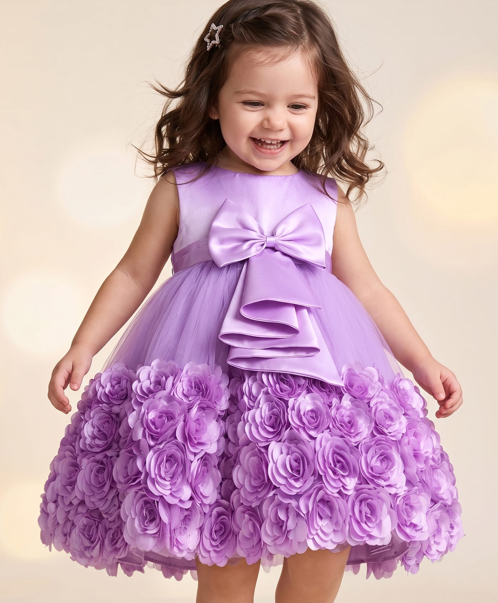 Babyhug Mesh Woven Sleeveless Solid Colour Party Dress with Floral Corsage & Bow Applique - Lavender-picture-12