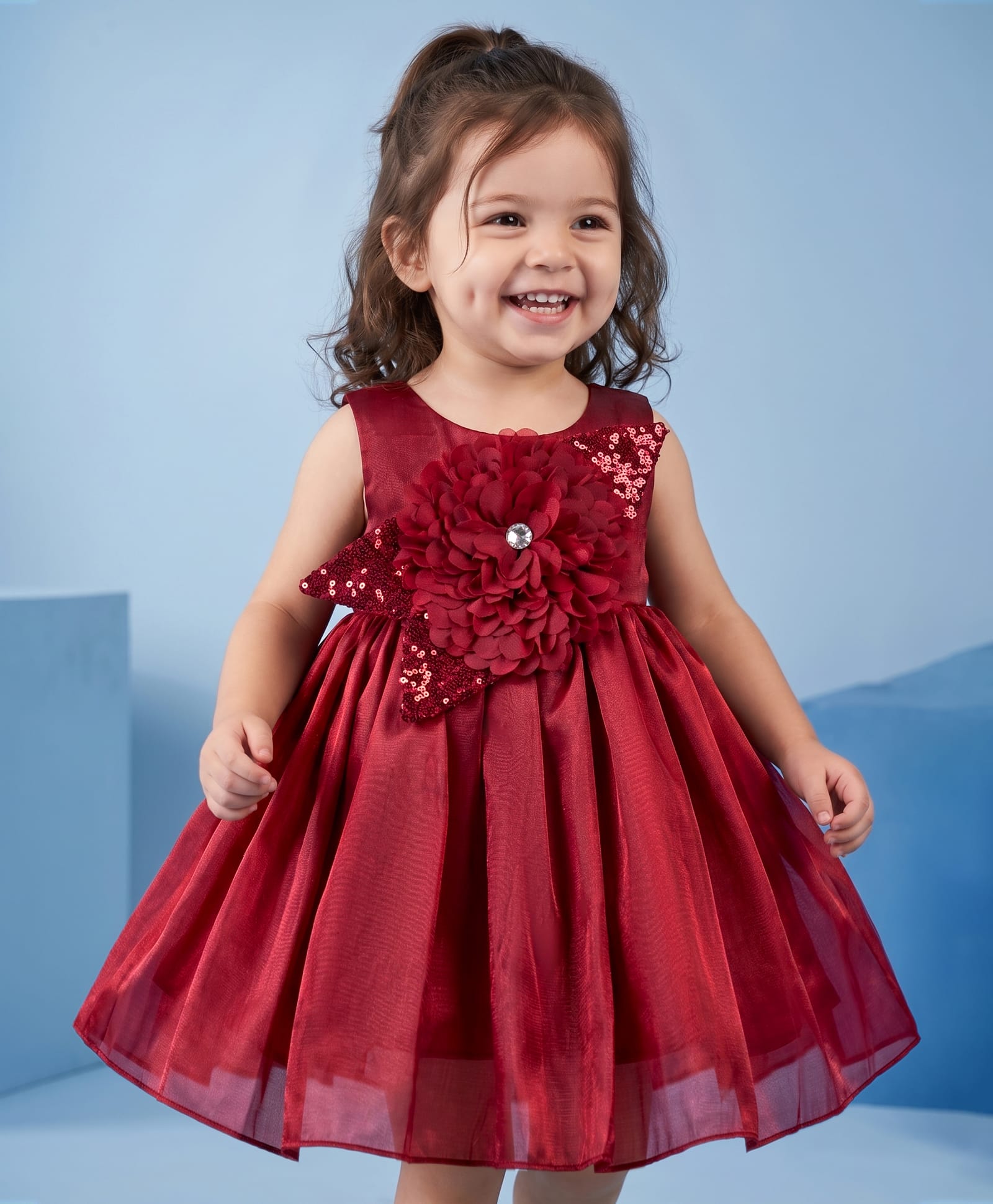 Babyhug Mesh Woven Sleeveless Party Dress With Sequin Detailing & Floral Applique - Maroon-picture-17