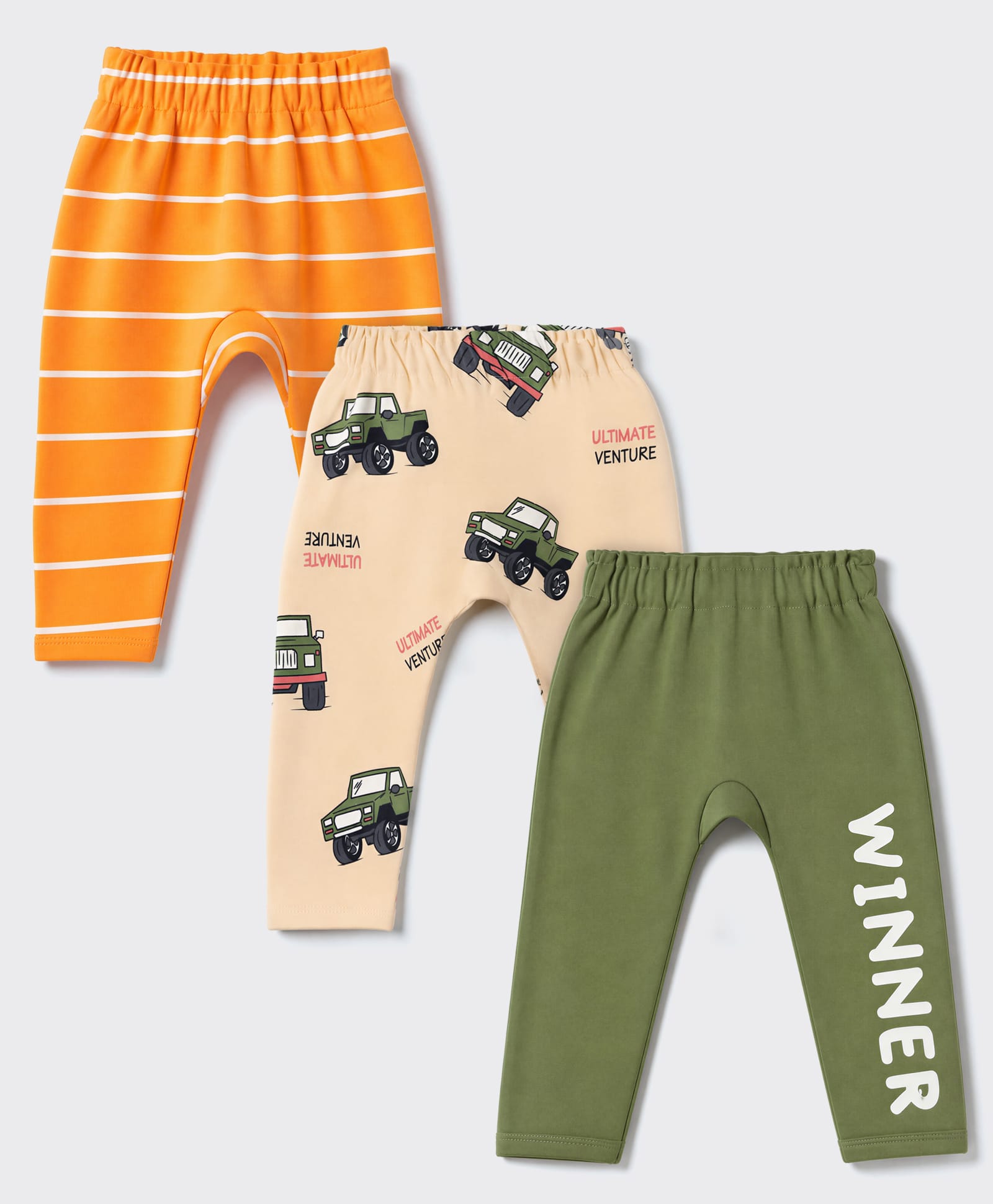 Doodle Poodle 100% Cotton Knit Lull Length Striped Diaper Leggings with Vehicle & Winner Text Print Pack of 3 - Orange, Peach, Olive Green-picture-14