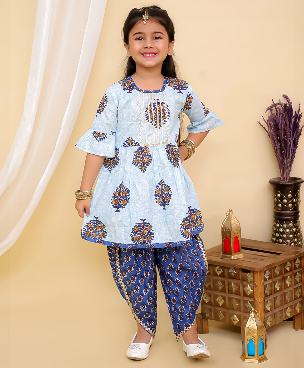 Superminis Cotton Woven Three Fourth Bell Sleeves Vintage Floral Motif Printed Kurti With Coordinating Gota Lace Embellished Overlapped Dhoti - Blue-image-46