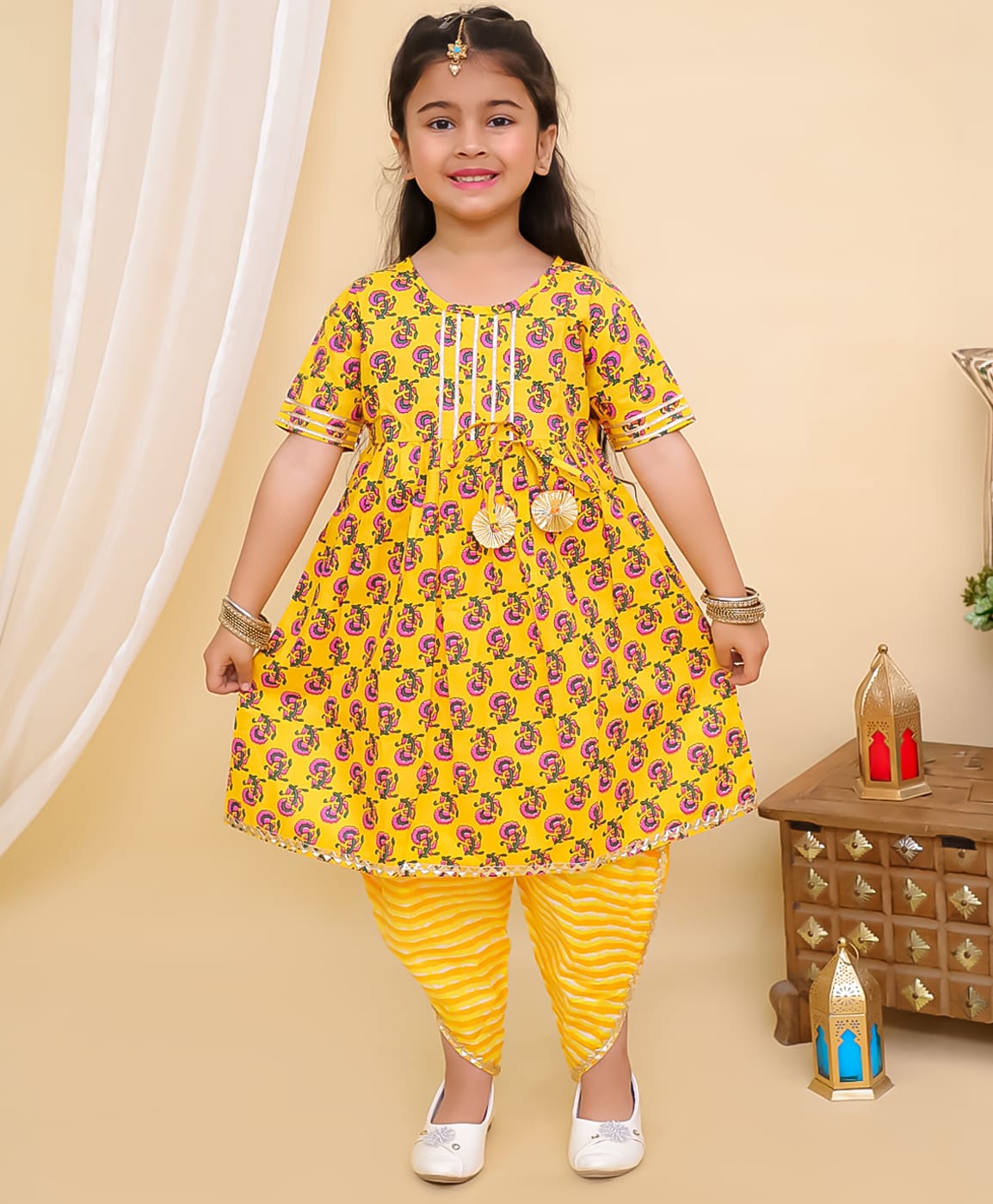 Superminis Cotton Woven Three Fourth Sleeves Jaipuri Floral Motif Printed Kurta With Coordinating Gota Lace Embellished Overlapped Dhoti - Yellow - 18-24m - Cotton - (18 to 24 Month)-picture-13
