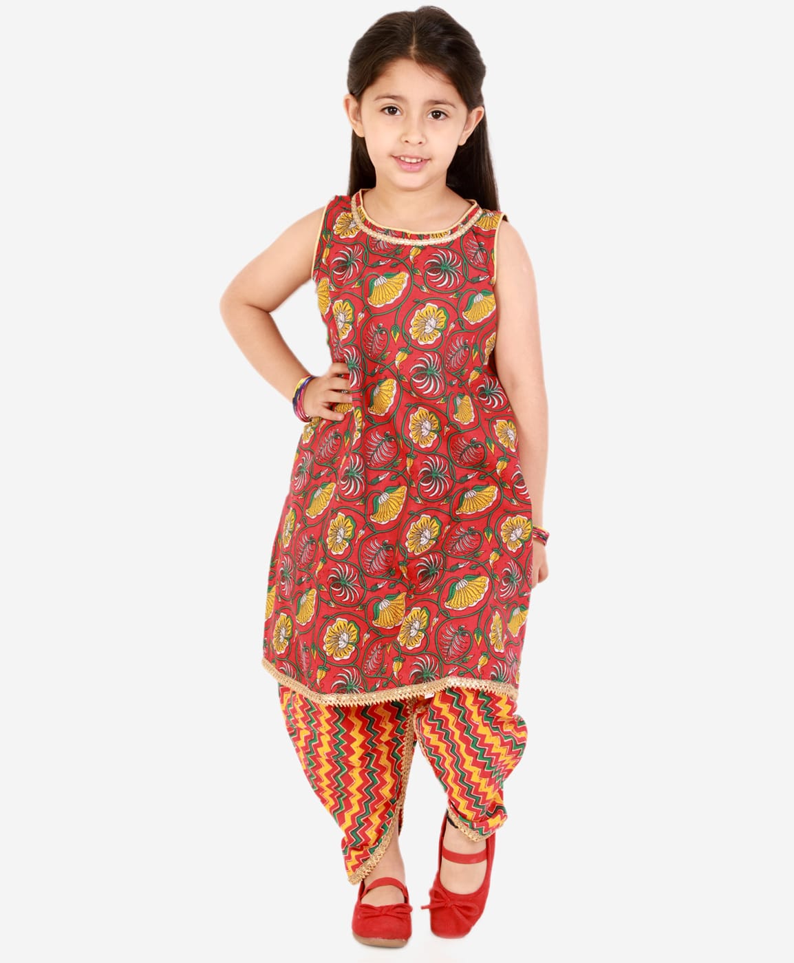 Superminis Cotton Woven Sleeveless All Over Jaipuri Floral Swirl Printed A Line Kurti With Chevron Designed Gota Lace Embellished Overlapped Dhoti - Red-image-5