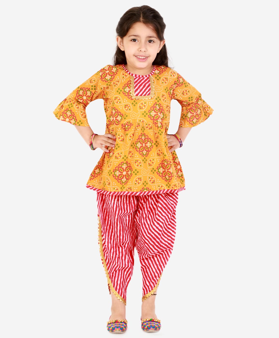 Superminis Cotton Woven Three Fourth Sleeves Bandhej Kurti With Leheriya Dhoti Set - Orange-image-48