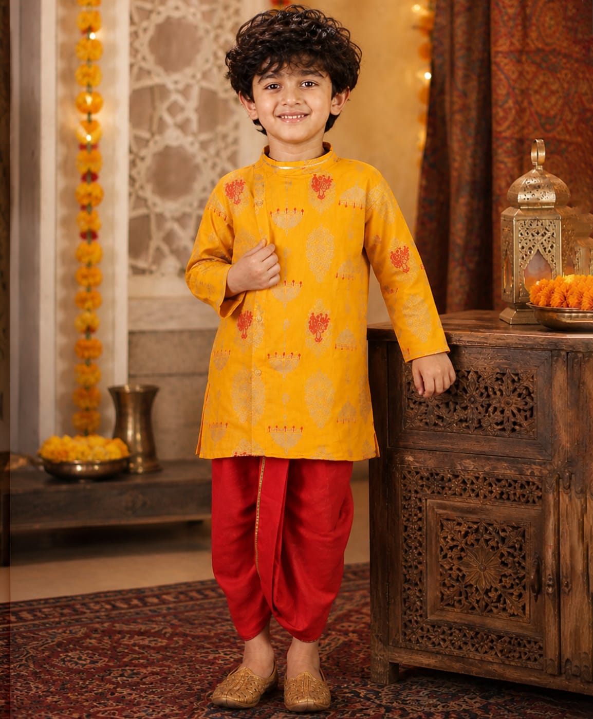 Superminis Cotton Woven Full Sleeves Damask Motif Foil Printed Self Design Kurta & Dhoti Set - Yellow-picture-15