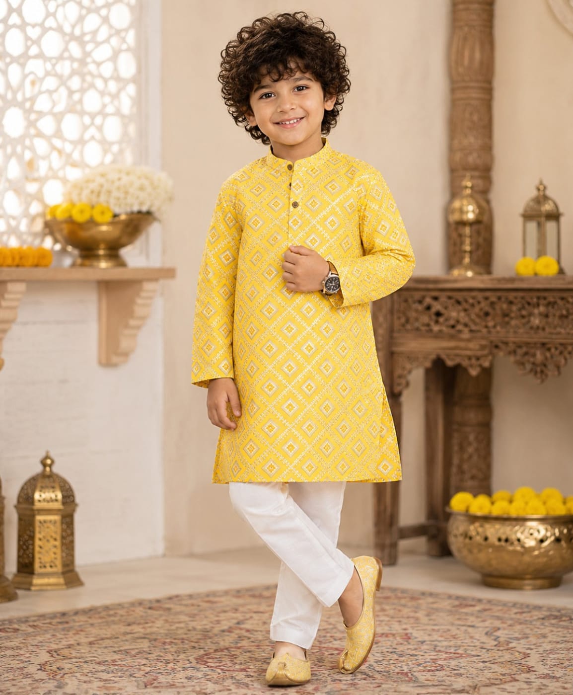 Superminis Cotton Woven Full Sleeves Polka Dot Motif Embellished Foil Printed Kurta Pyjama Set - Yellow-picture-38