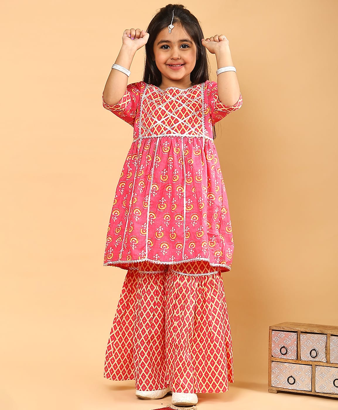 Superminis Cotton Woven Three fourth Sleeves Floral Print Cotton Kurti Sharara Set - Pink-picture-37