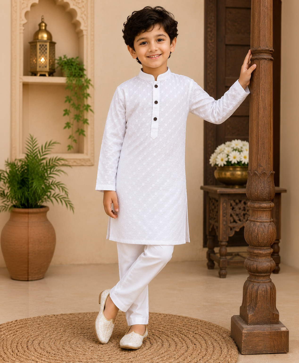 Superminis Cotton Woven Full Sleeves Chikankari Embroidered Kurta With Pyjama Set - White-image-3