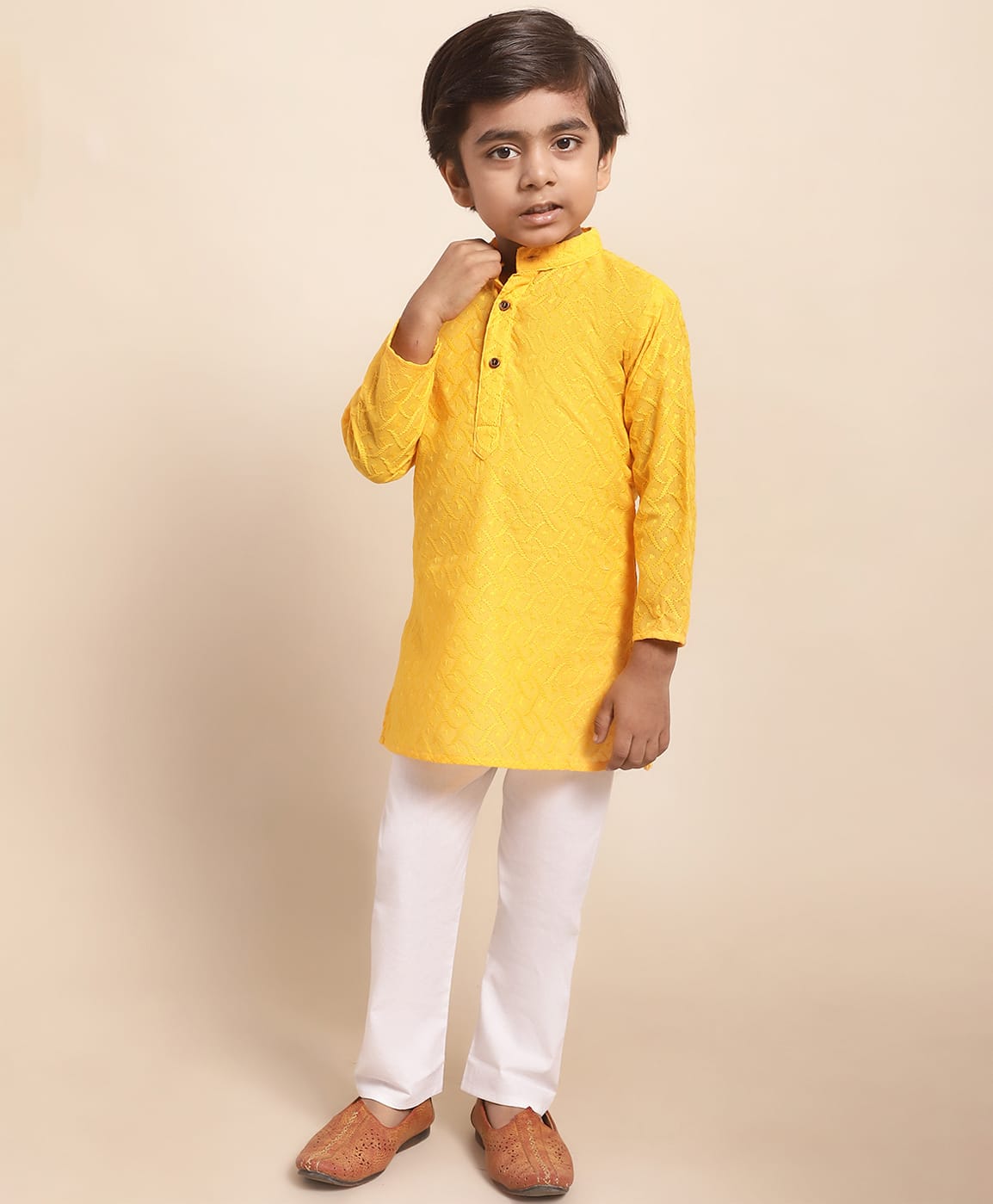 Superminis Cotton Woven Full Sleeves Seamless Abstract Chikankari Embroidered Kurta With Pyjama - Yellow-picture-4
