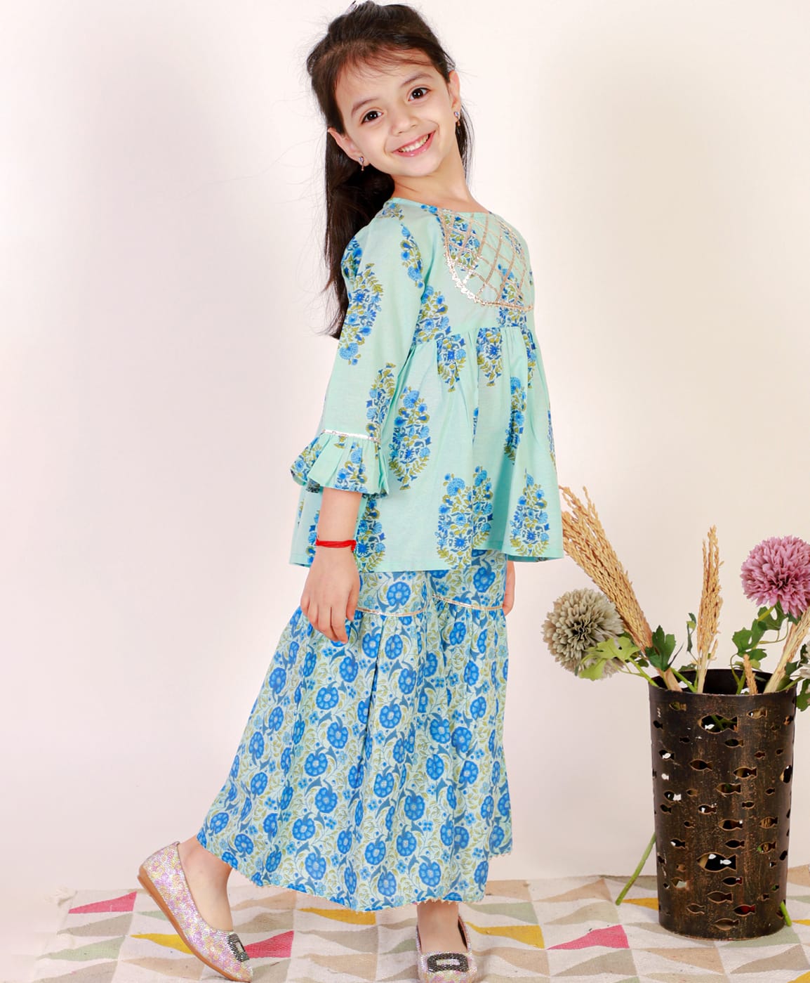 Superminis Cotton Woven Three Fourth Sleeves Floral Motif Kurti & Gharara Set - Light Blue-picture-20