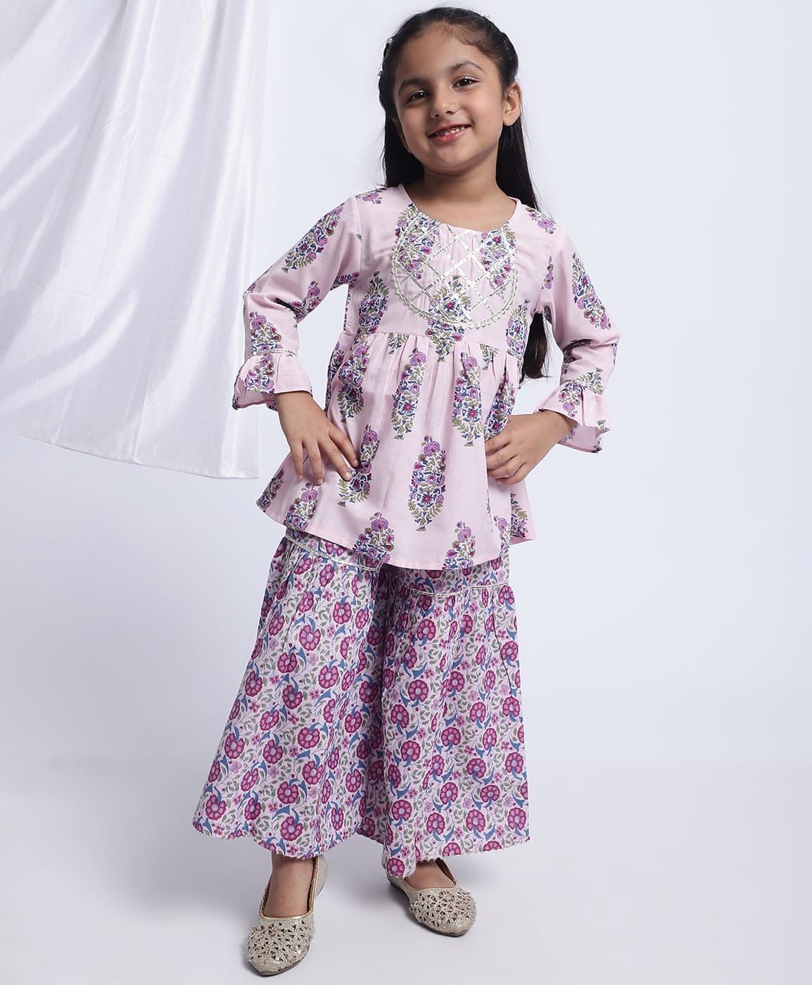 Superminis Cotton Woven Three Fourth Sleeves Floral Motif Kurti & Gharara Set - Pink-image-26