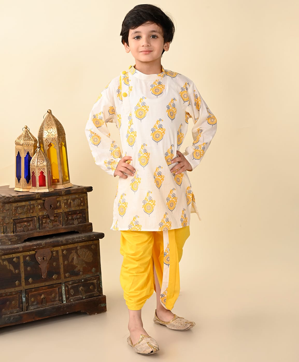 Superminis Cotton Woven Full Sleeves Paisley Printed Kurta With Coordinating Dhoti Set - Yellow-image-32