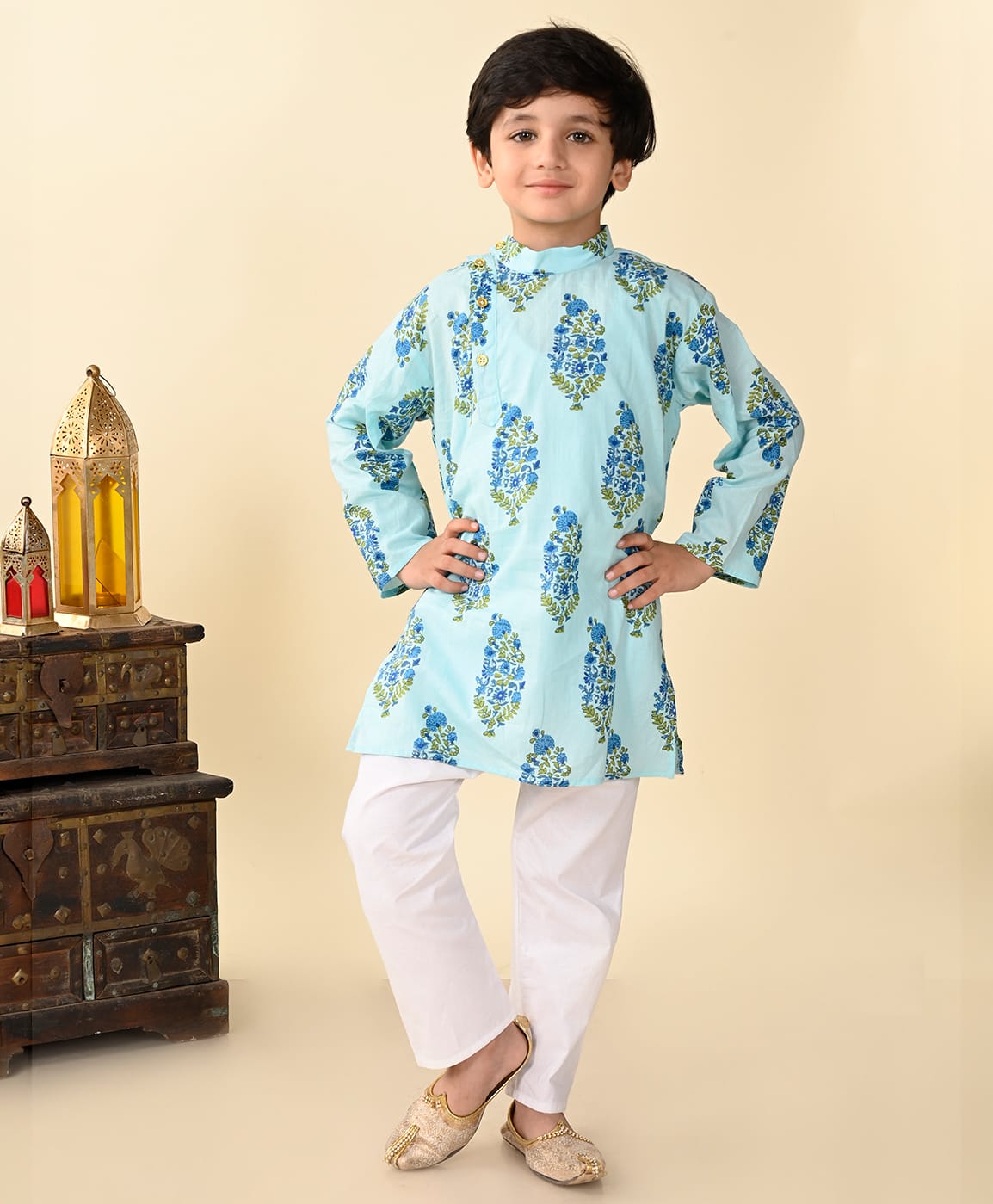 Superminis Cotton Woven Full Sleeves Paisley Printed Kurta With Pyjama Set - Light Blue-image-27