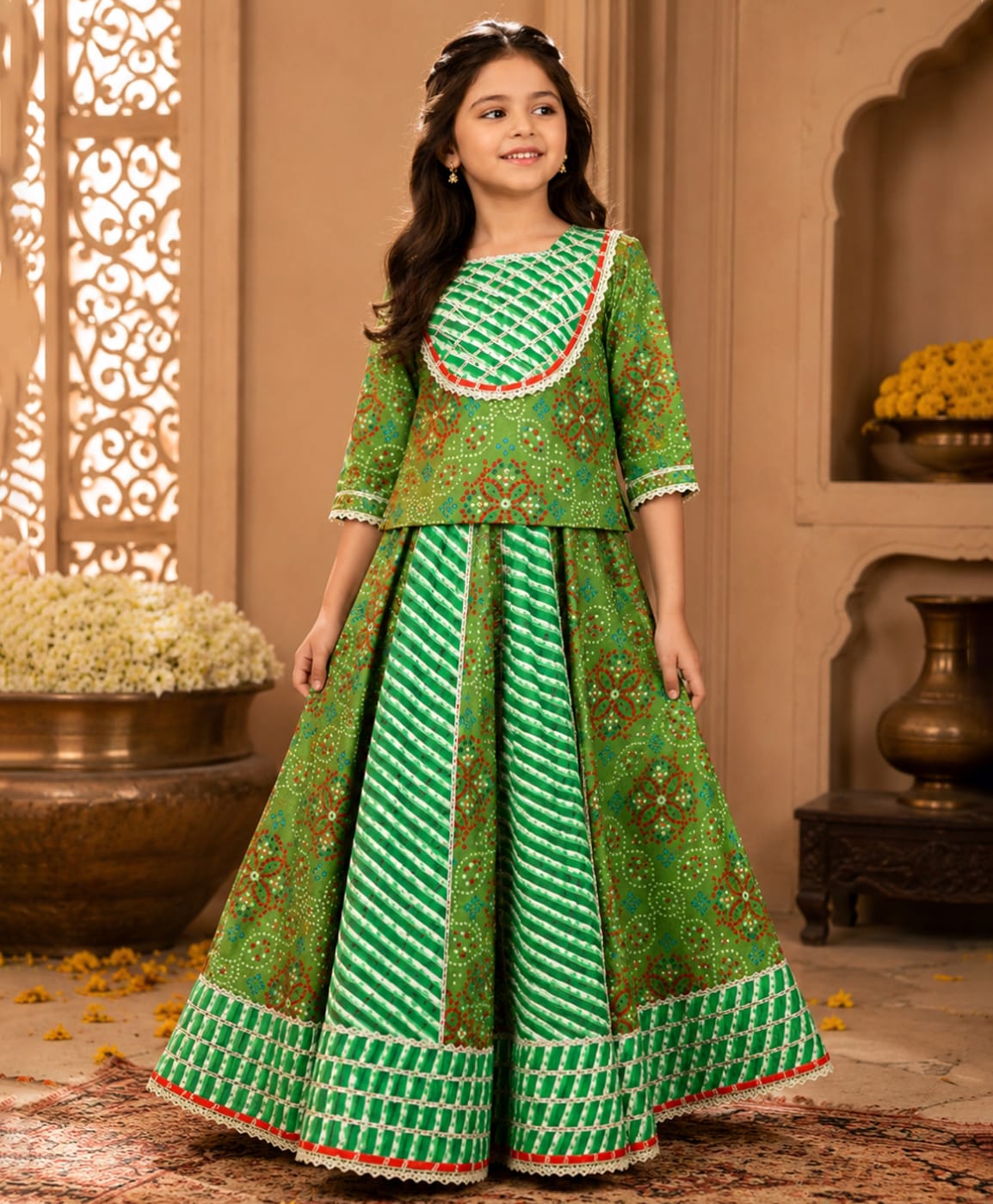 Superminis Cotton Woven Three Fourth Sleeves Gota Lace Detailed Bandhani Designed Ethnic Lehenga Choli Set - Green-image-22