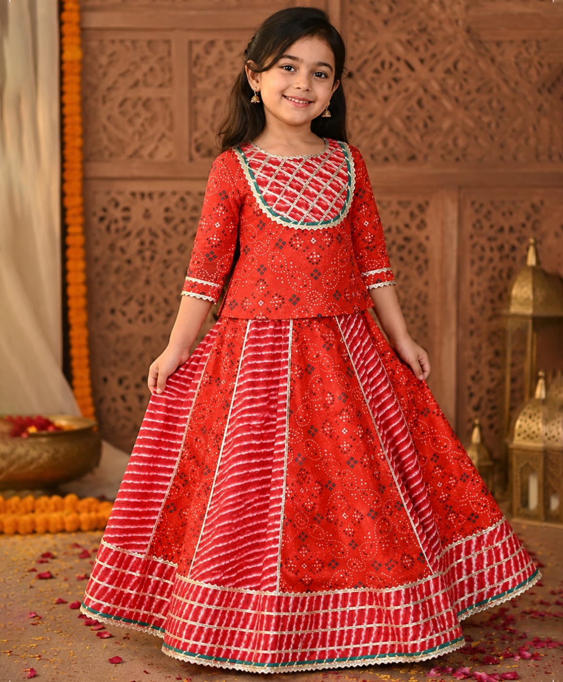 Superminis Cotton Woven Three Fourth Sleeves Gota Lace Detailed Bandhani Designed Ethnic Lehenga Choli Set - Red-image-9