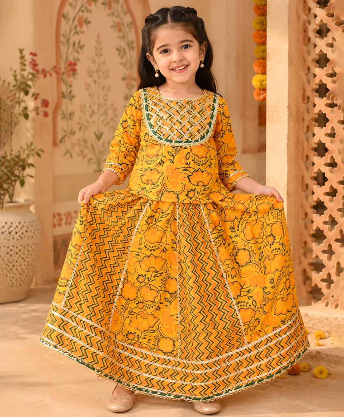 Superminis Cotton Woven Three Fourth Sleeves Gota Lace Detailed Bandhani Designed Ethnic Lehenga Choli Set - Yellow-picture-28