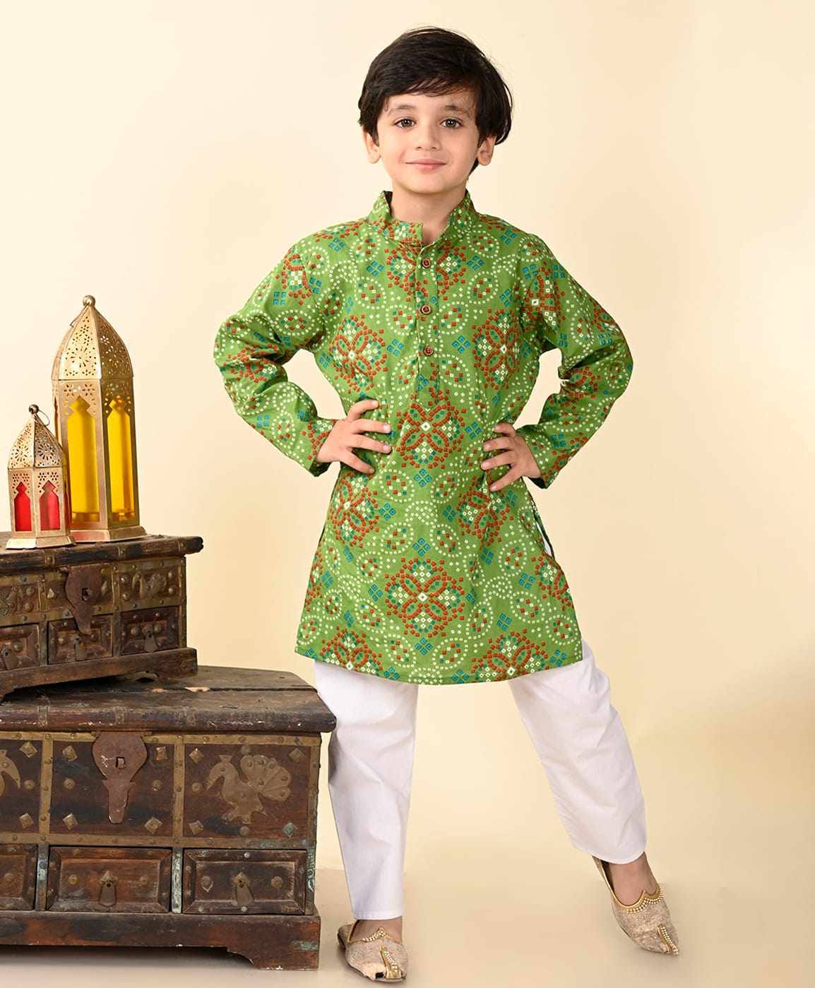 Superminis Cotton Woven Full Sleeves Bandhani Designed Kurta With Pyjama Set - Green-picture-12