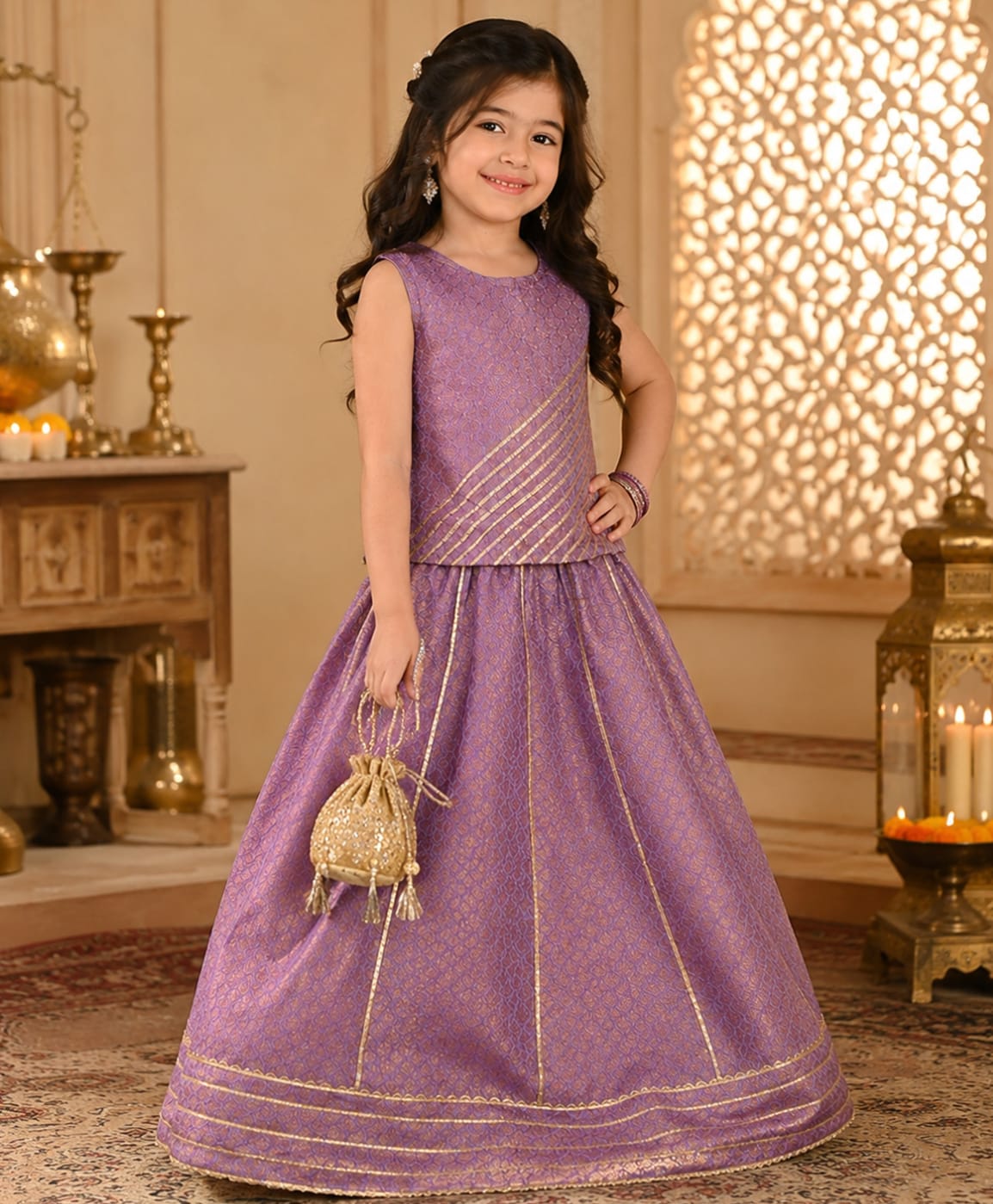 Superminis Chanderi Silk Woven Sleeveless Gota Lace Embellished & Floral Foil Printed Coordinating Lehenga With Choli - Purple-picture-20
