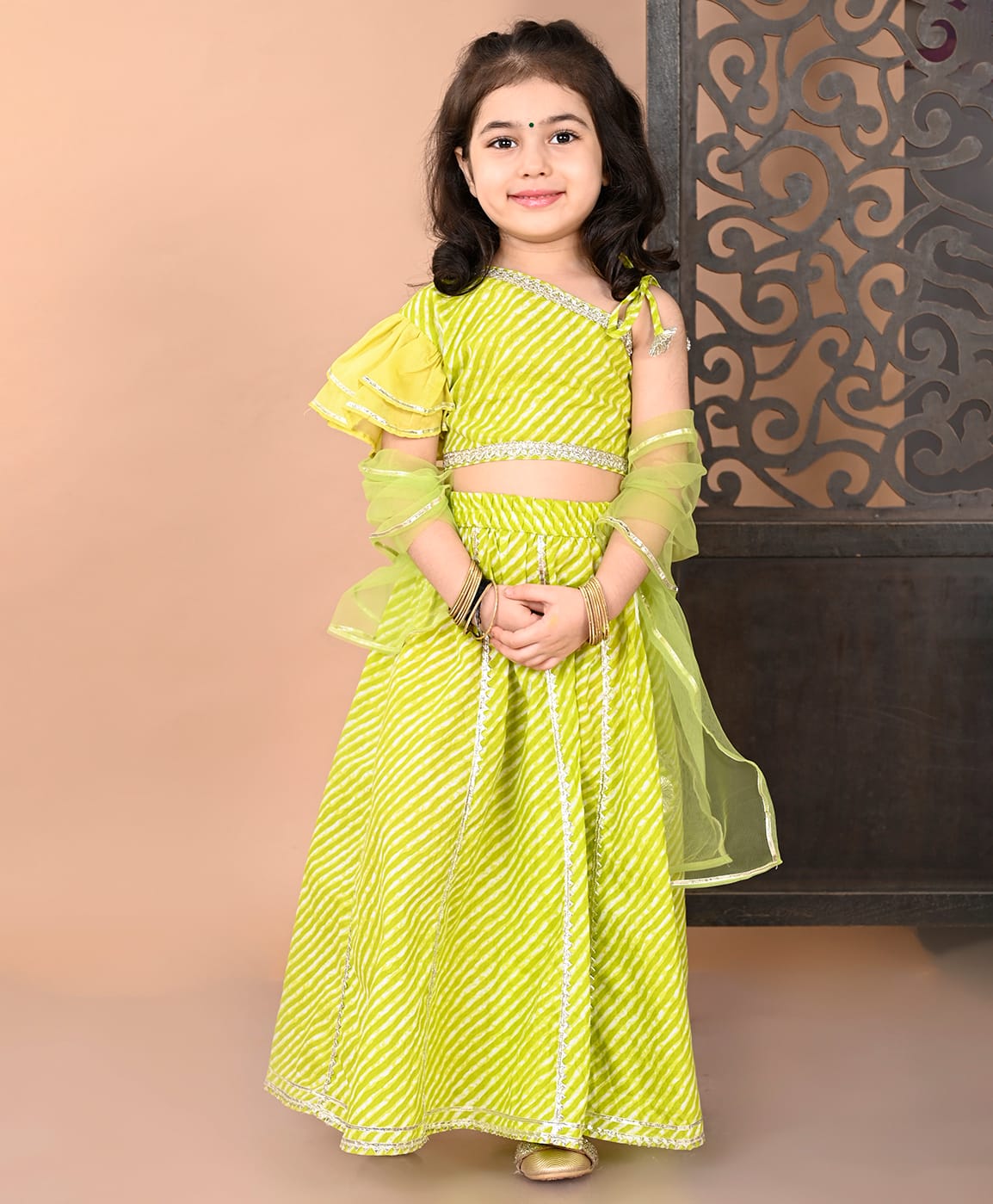 Superminis Cotton Woven One Shoulder Lace Embellished & Leheriya Printed Coordinating Lehenga Choli With Dupatta Set - Neon Green-image-35