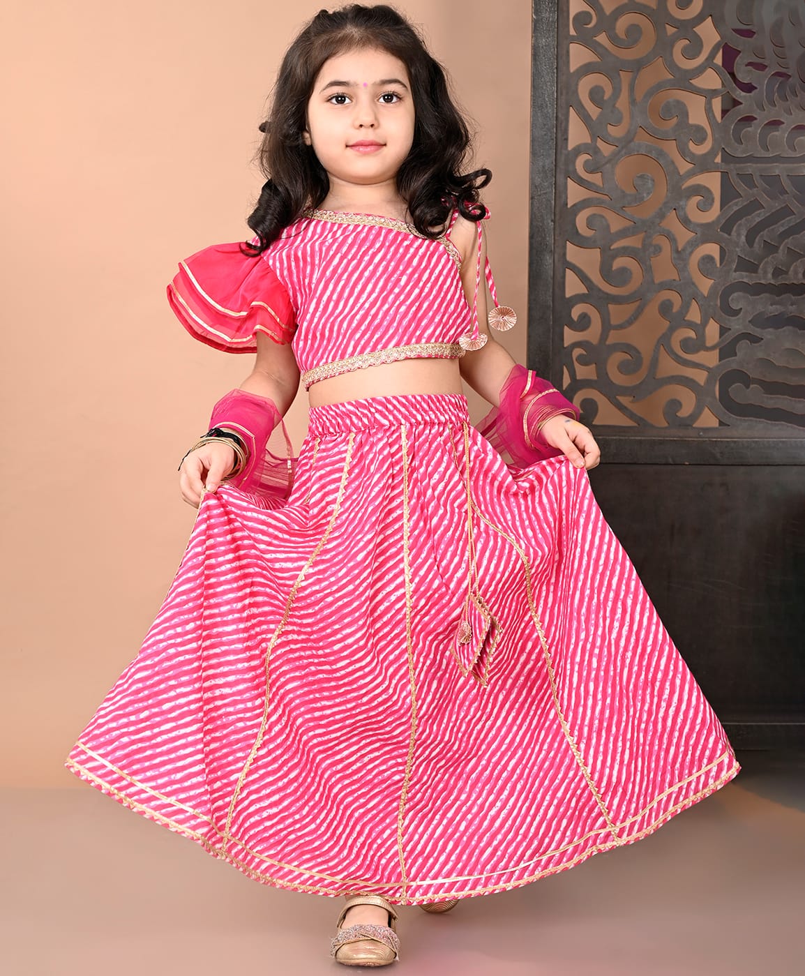 Superminis Cotton Woven One Shoulder Lace Embellished & Leheriya Printed Coordinating Lehenga Choli With Dupatta Set - Fuchsia-picture-44