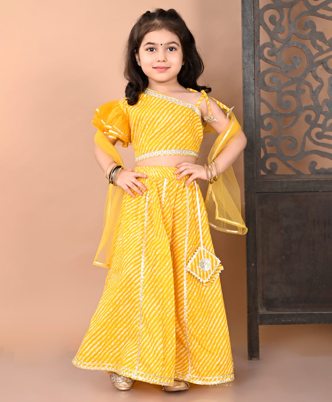 Superminis Cotton Woven One Shoulder Lace Embellished & Leheriya Printed Coordinating Lehenga Choli With Dupatta Set - Yellow-picture-22