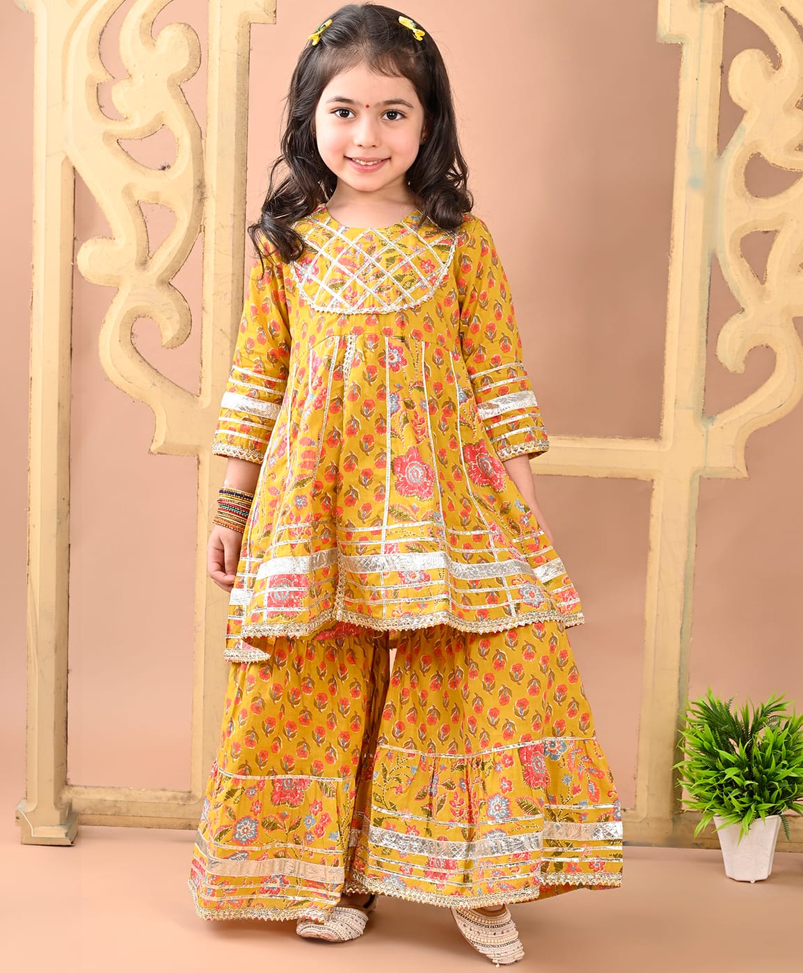 Superminis Cotton Woven Floral Printed Front Slit Three Fourth Sleeves Kurti Sharara Set - Mustard-image-13